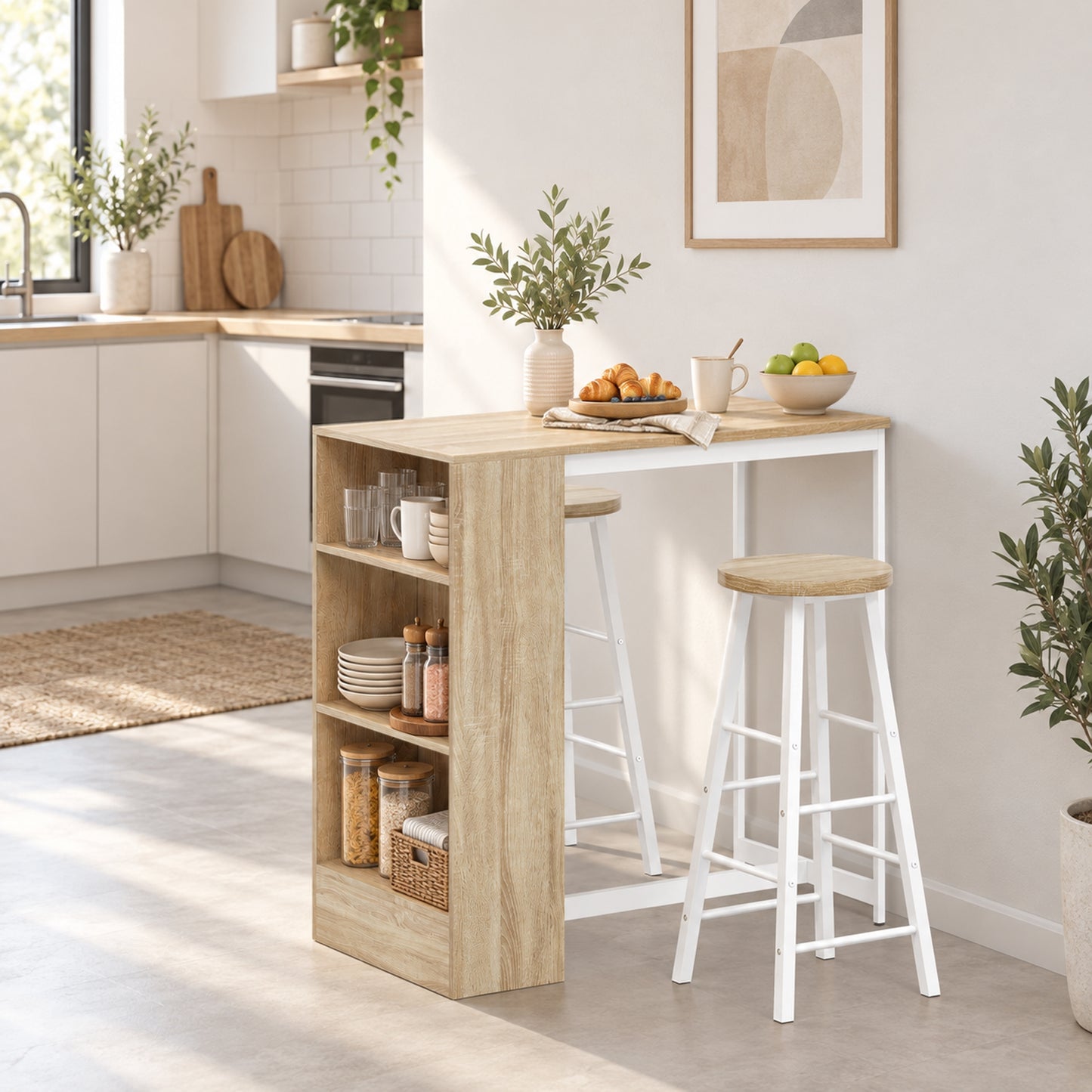 HOMCOM Breakfast Bar Table and Stools Set with 3 Tier Storage Shelves, Footrest and Metal Frame, 91 cm, Oak