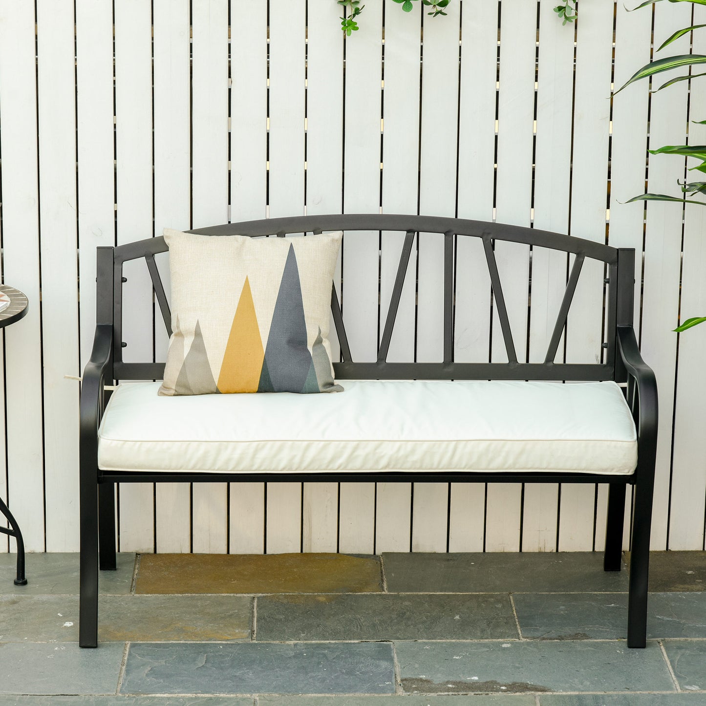 Outsunny 2-Seater Metal Garden Bench, Loveseat with Cushions, Slatted Backrest & Armrests, Cream White/Black