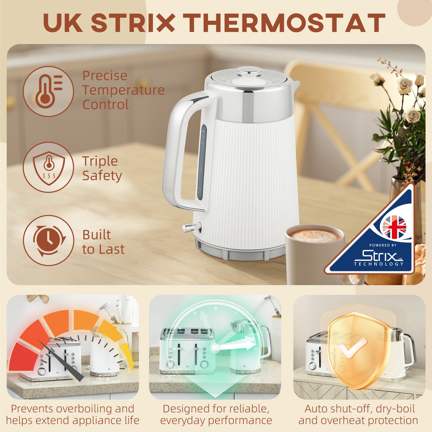 HOMCOM Kettle & Toaster Set, 3000W 1.7L Strix Rapid Boil, Limescale Filter, Cool Touch, 4 Slice Toaster, 7 Browning Levels, Crumb Tray, White