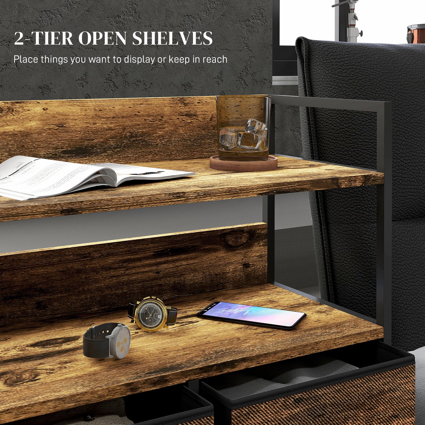 HOMCOM Rustic Chest of Five Fabric Drawers - Brown Wood Effect