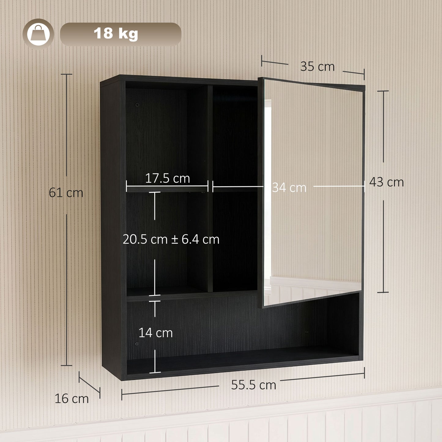 HOMCOM Bathroom Mirror Cabinet, Wall-Mounted Bathroom Cabinet with Mirror Door, Adjustable Shelves, Black