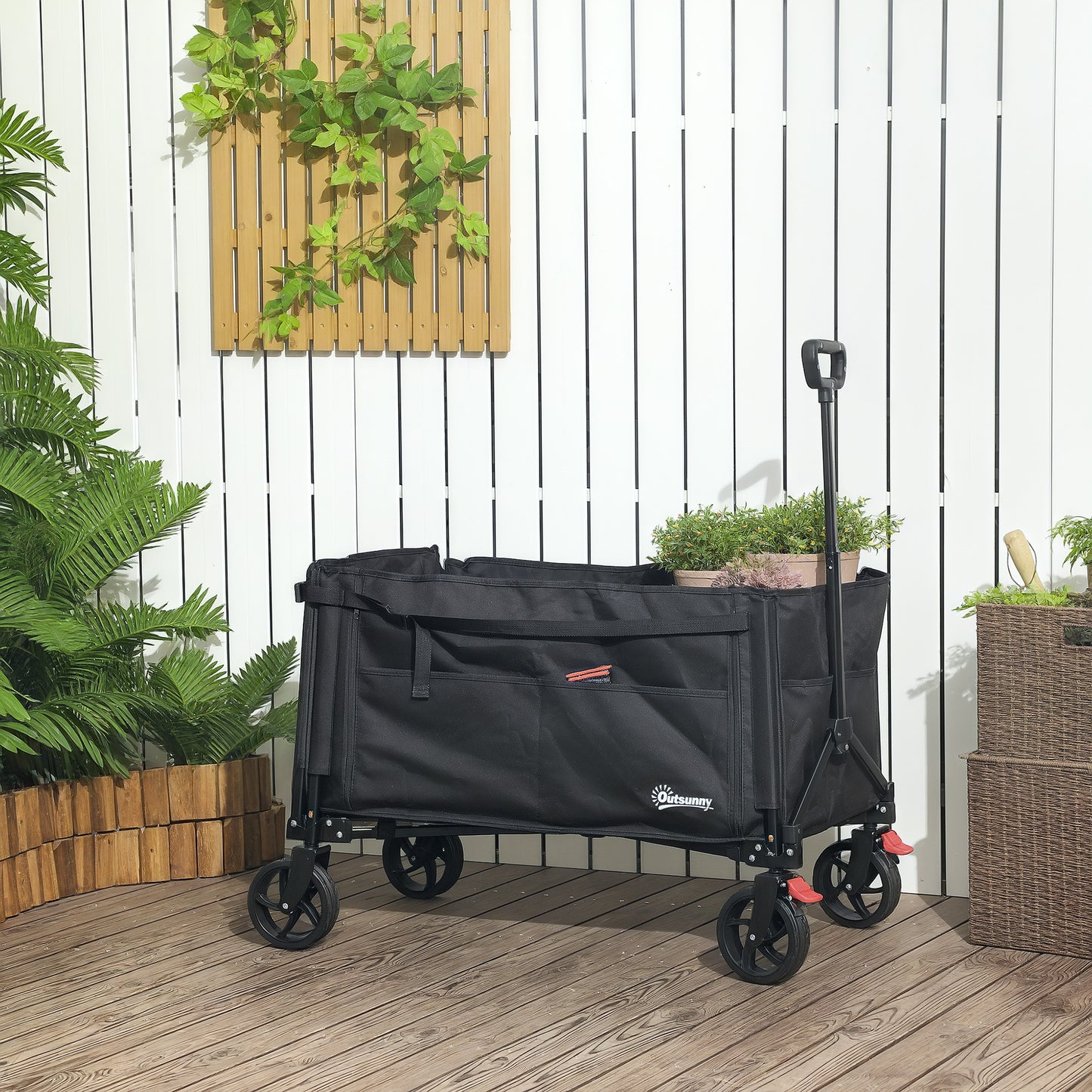 Outsunny Folding Trolley, 150L Collapsible Wagon with Openable Sides, Adjustable Handle, Brakes for Shopping, Camping, Beach, Garden, Black