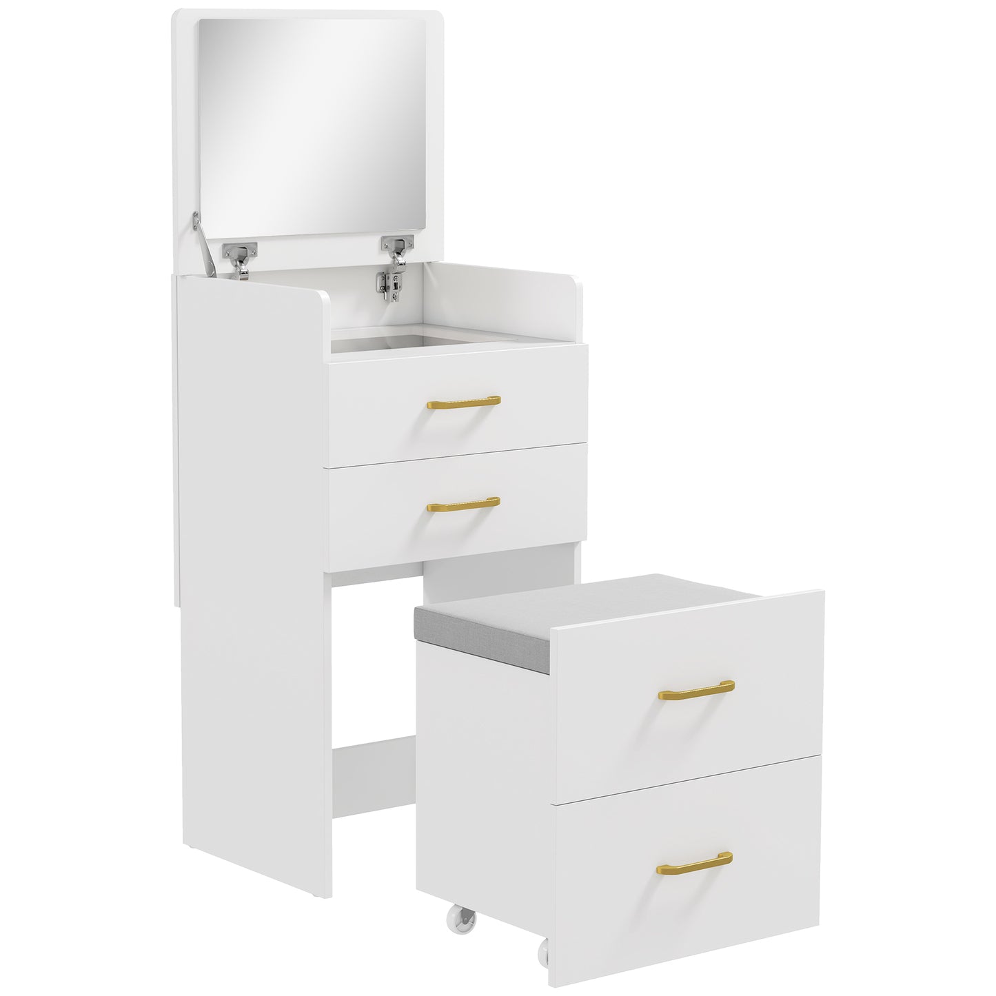 HOMCOM 3-in-1 Dressing Table with Flip-top Mirror, Glass Top, Drawers, Side Hook, Rolling Cushioned Storage Stool, White.