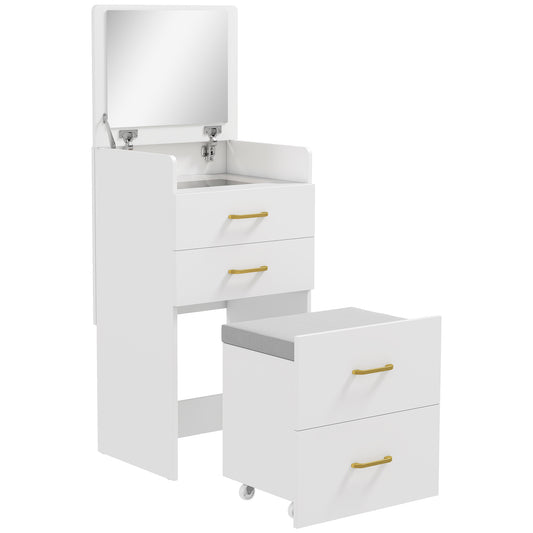 HOMCOM 3-in-1 Dressing Table with Flip-top Mirror, Glass Top, Drawers, Side Hook, Rolling Cushioned Storage Stool, White.