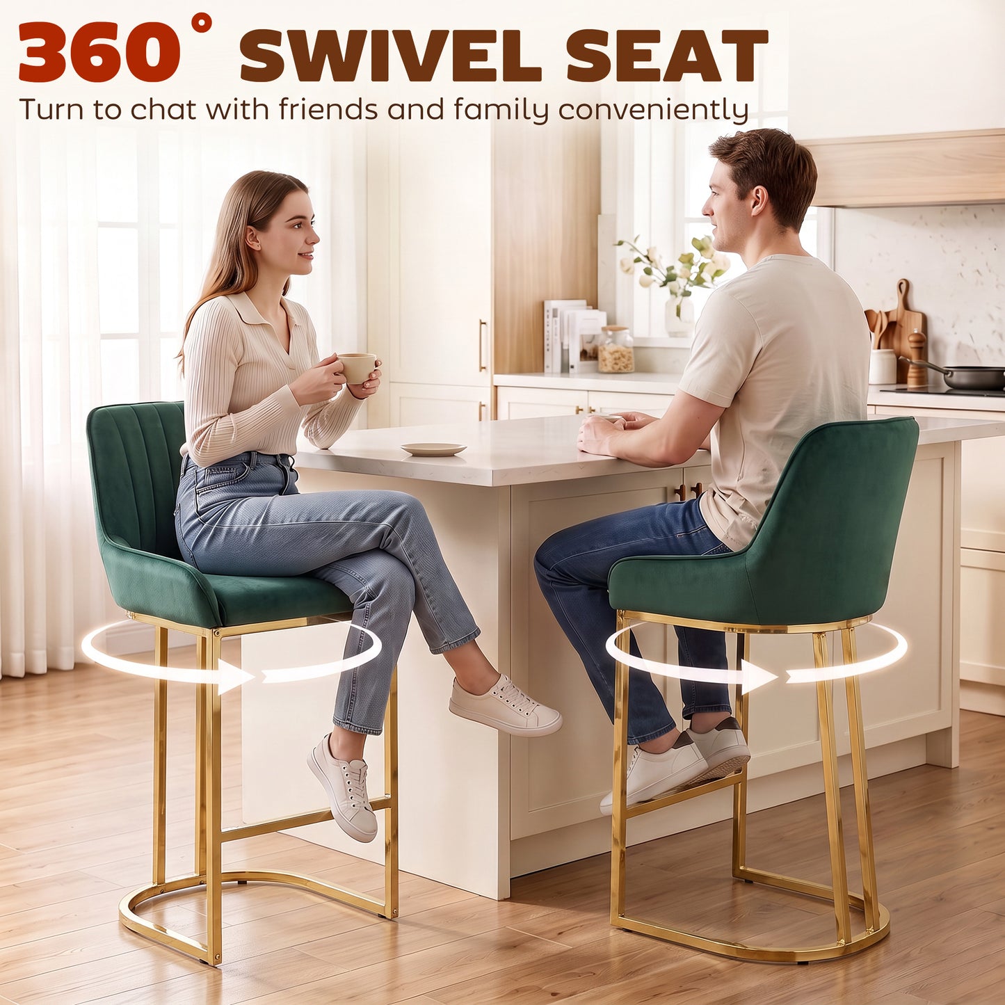 HOMCOM Bar Stools Set of 2 with Backrest, Footrest, Gold Electroplated Legs for Kitchen Island, Dining Room, Dark Green