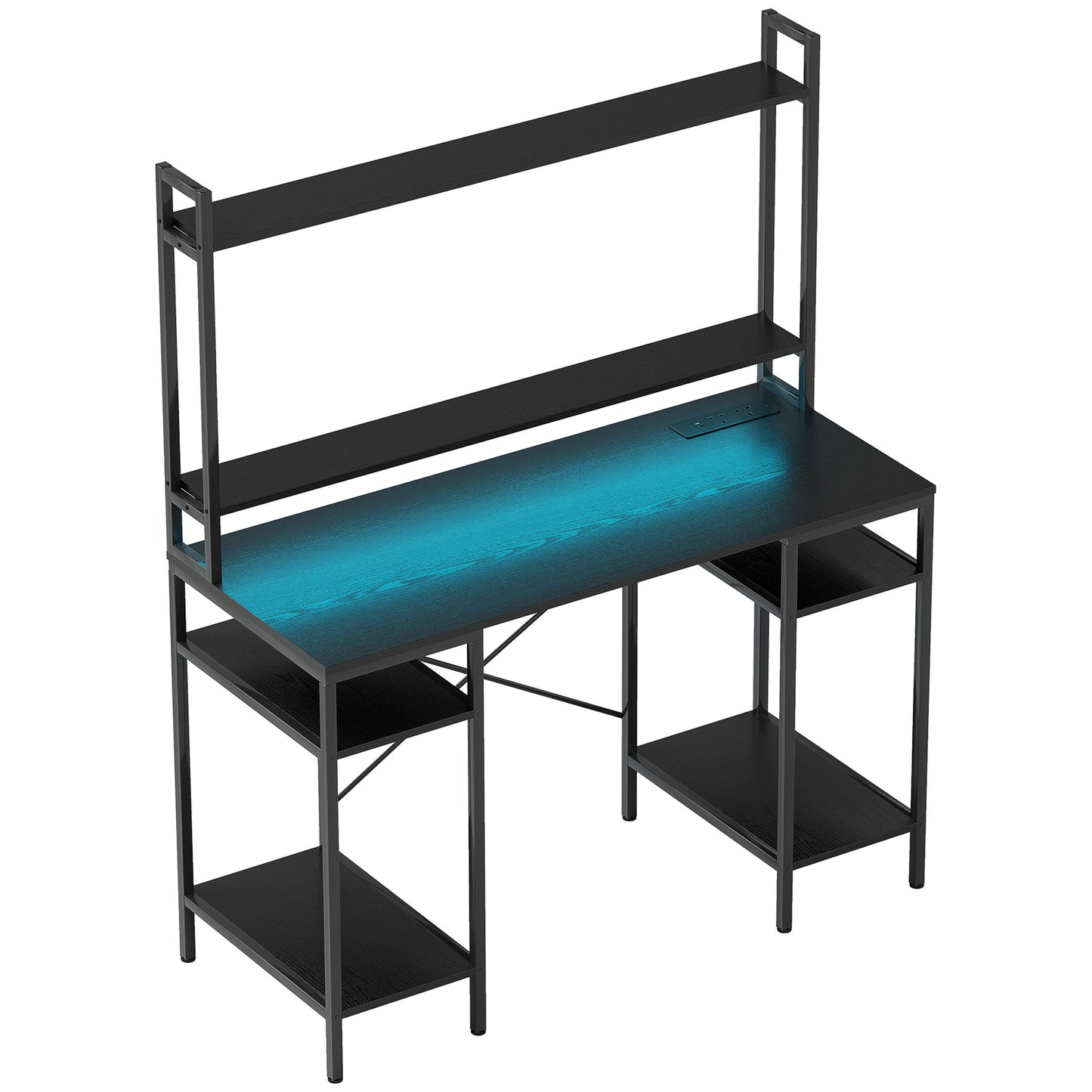 HOMCOM Computer Desk with Power Outlets & LED, Home Office Desk with Monitor Stand & 2 CPU Stands, Hutch Gaming Desk, Black