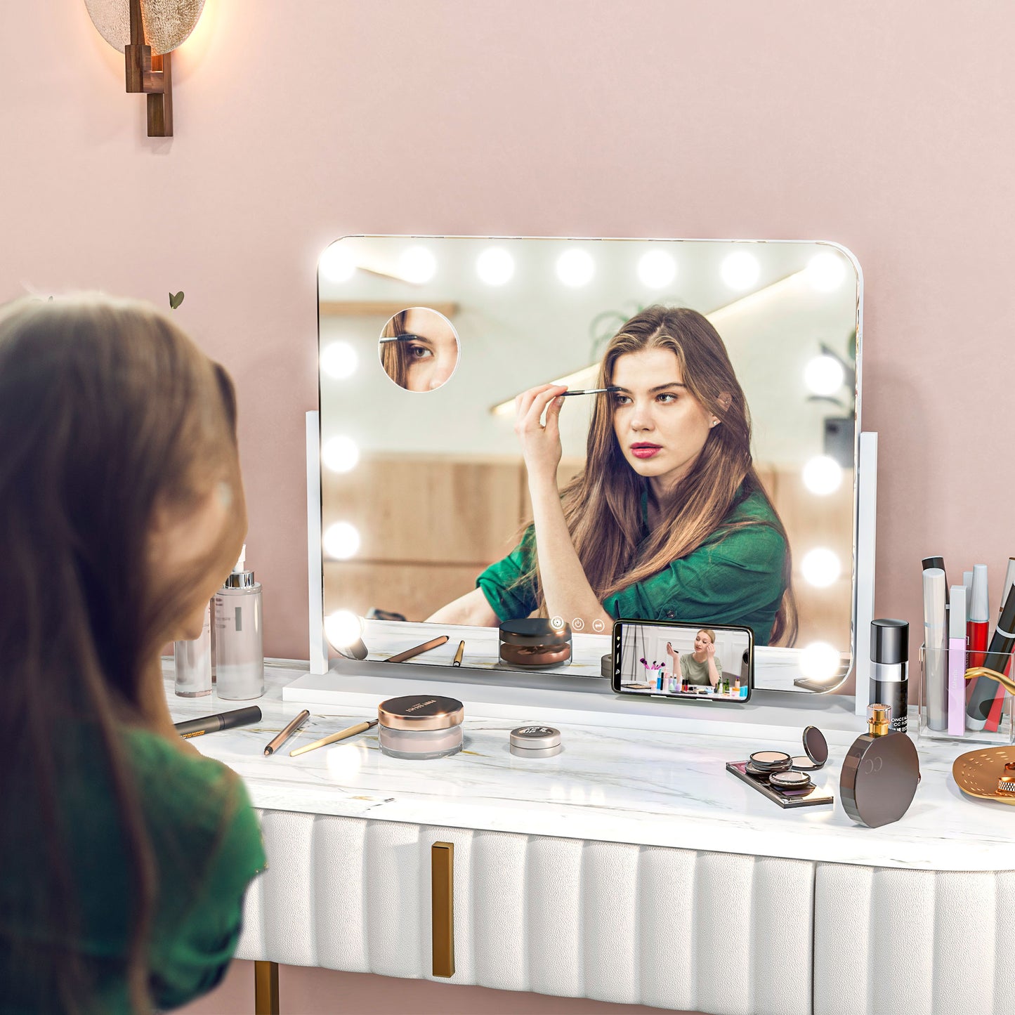 HOMCOM 63x50cm Hollywood Vanity Mirror, 14 LED Bulbs, 3 Colours, USB Port, Touch Screen