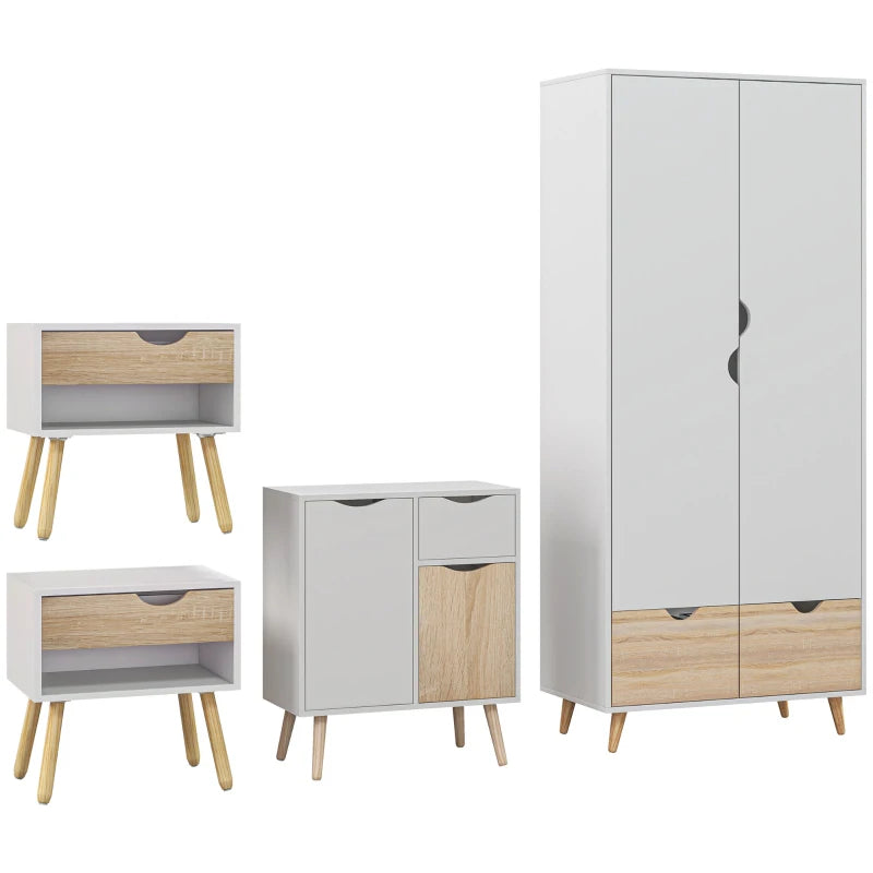 HOMCOM Bedroom Furniture Set, Wardrobe with Hanging Rail, Bedside Table, Floor Cabinet with Storage, Nature Wood Finish and White