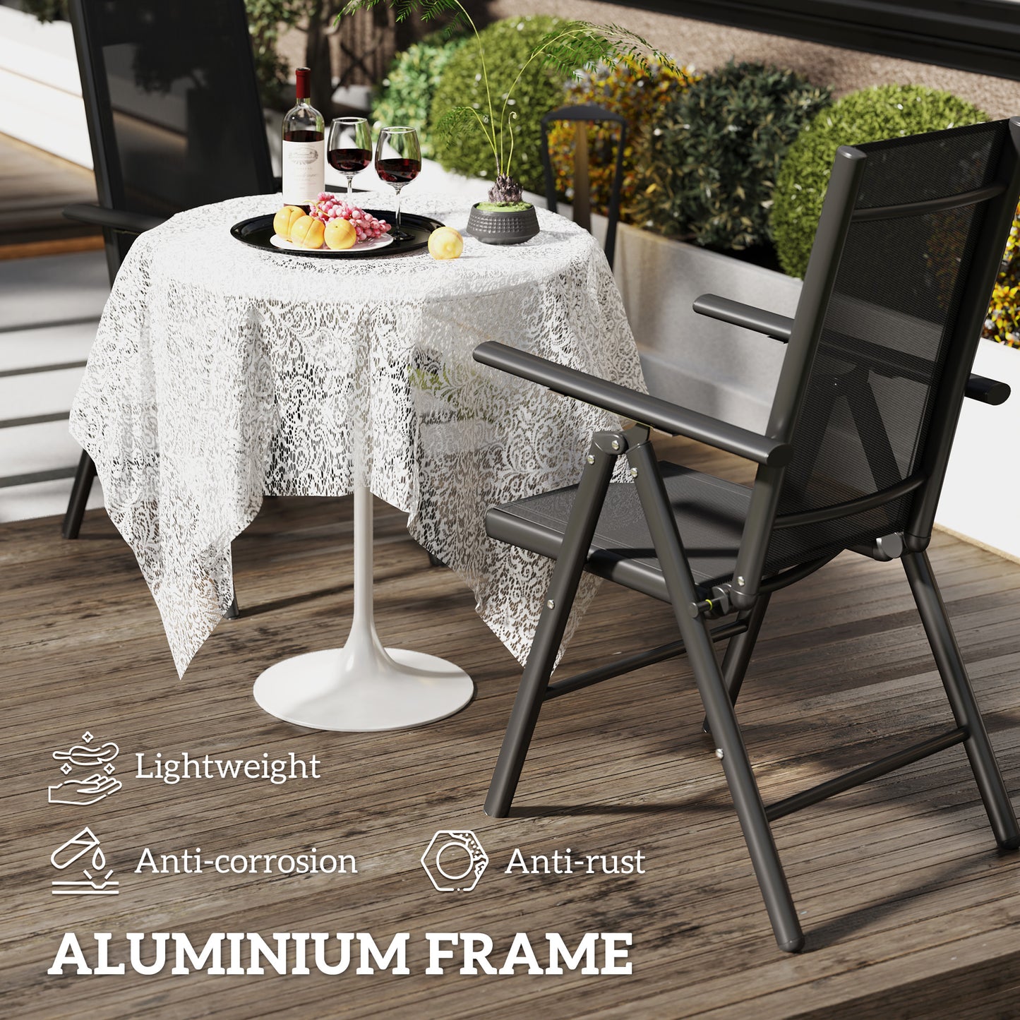 Outsunny Set of 2 Folding Aluminium Camping Chairs, Mesh Back & Seat, with Armrests for Patio, Black
