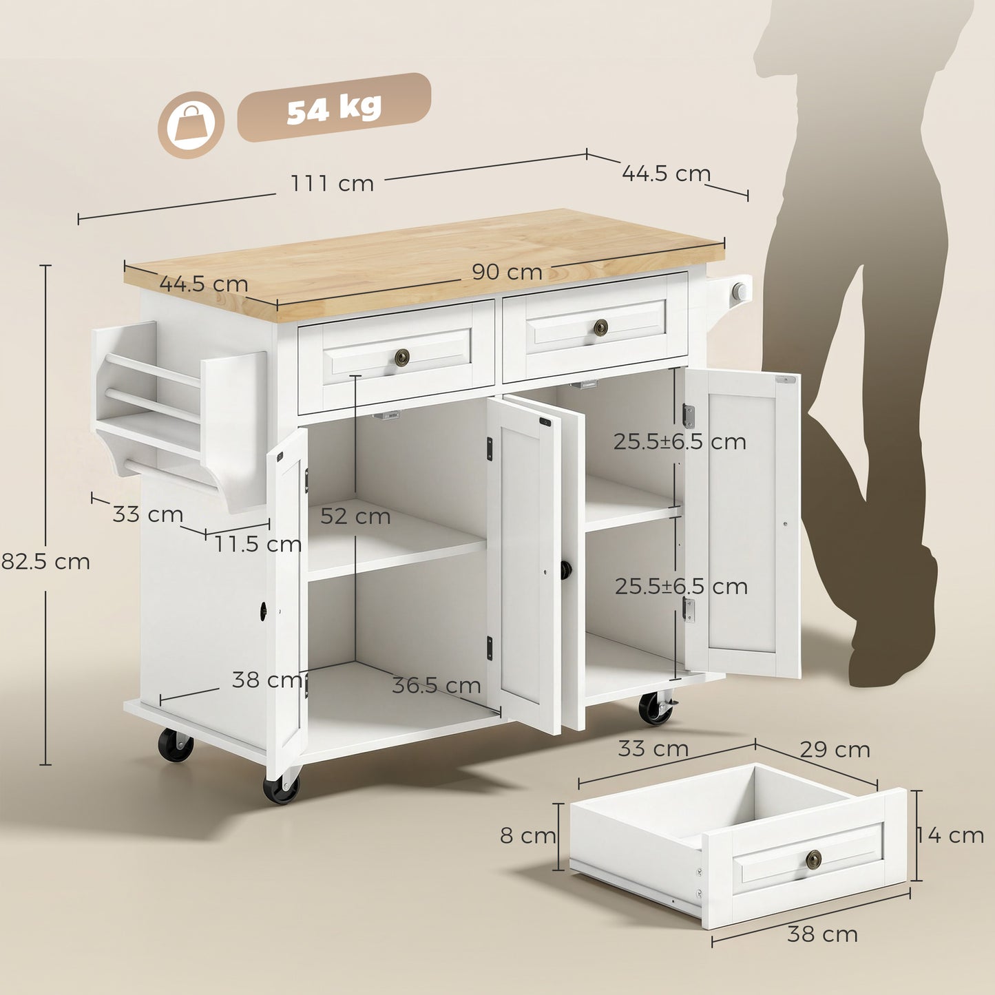 HOMCOM Kitchen Island on Wheels, Rolling Kitchen Storage Trolley with Rubber Wood Top, Drawers, Adjustable Shelves, Cream White