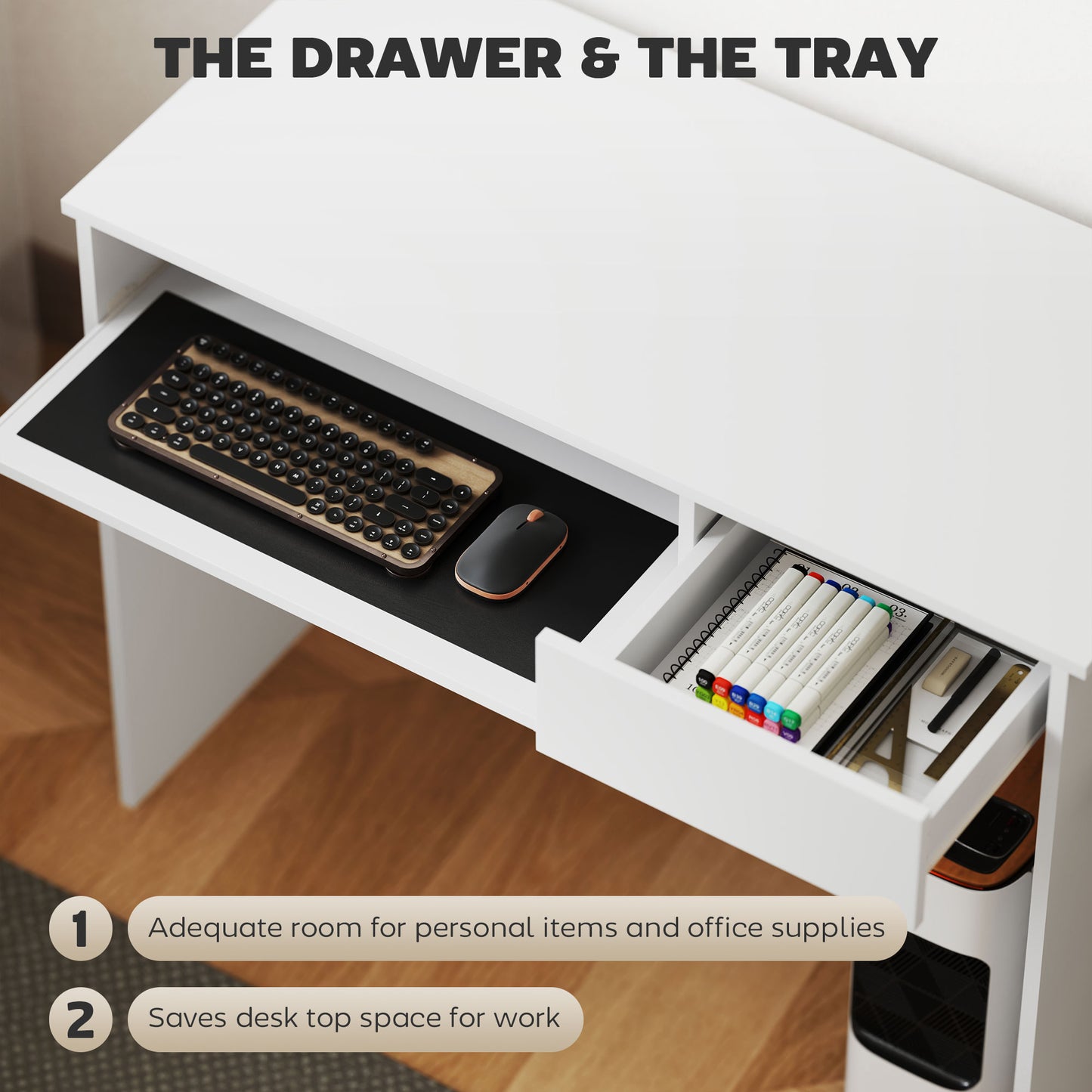 HOMCOM Compact Computer Desk with Keyboard Tray, Home Office Desk with Drawer for Bedroom Study, White