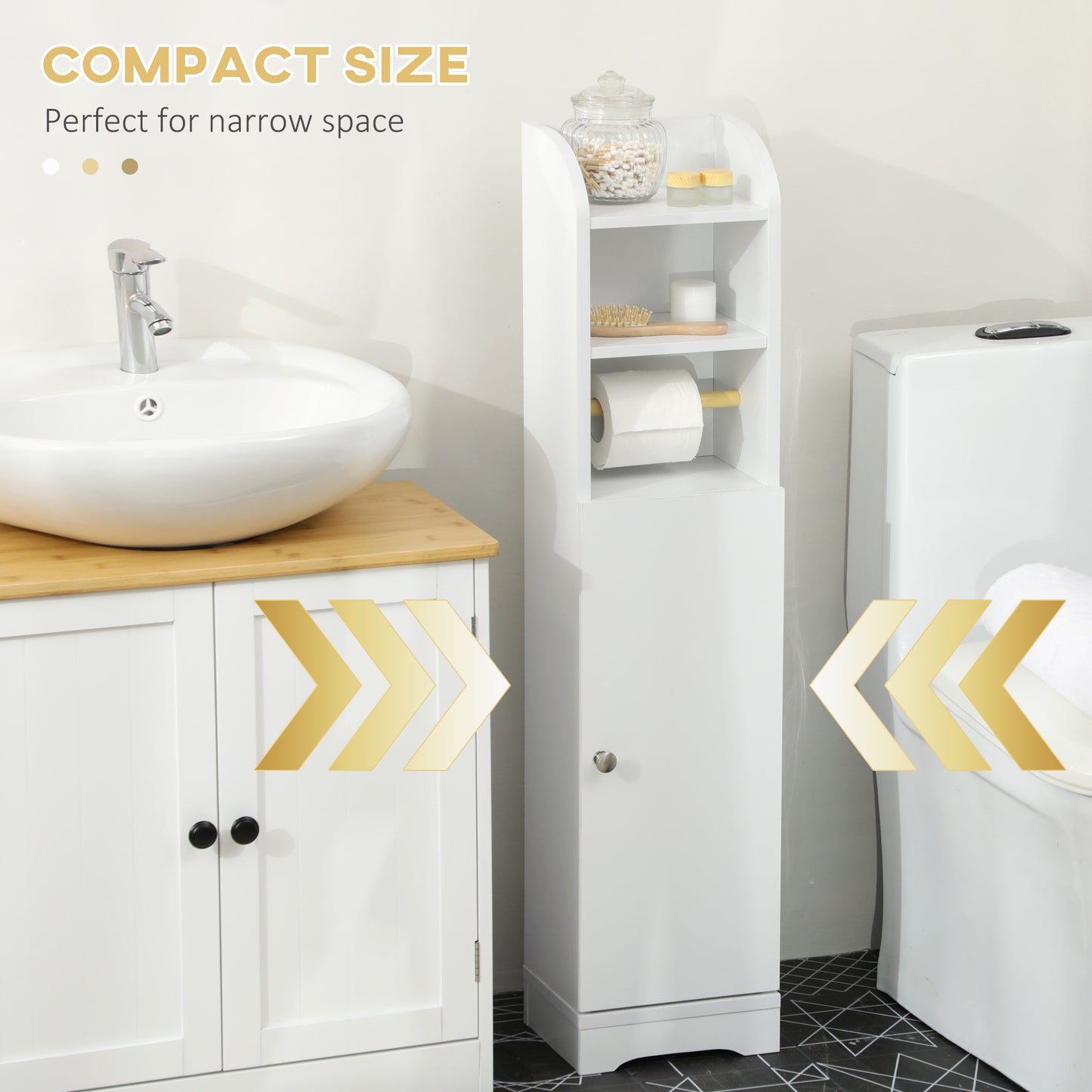 kleankin Slim Bathroom Storage Cabinet, 2 Open Shelves & Toilet Paper Holder, Freestanding with Adjustable Shelf, 23x18x100 cm, White