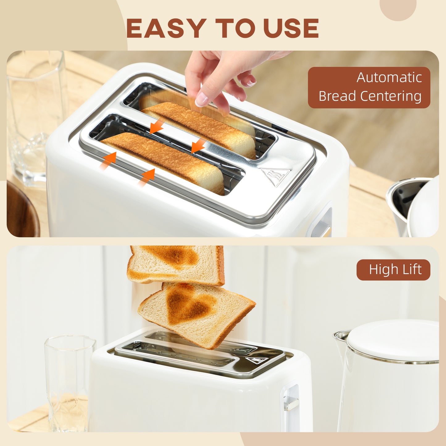 HOMCOM Kettle and Toaster Set, 1.5L 3000W Fast Boil Kettle with Insulation & 2 Slice Toaster