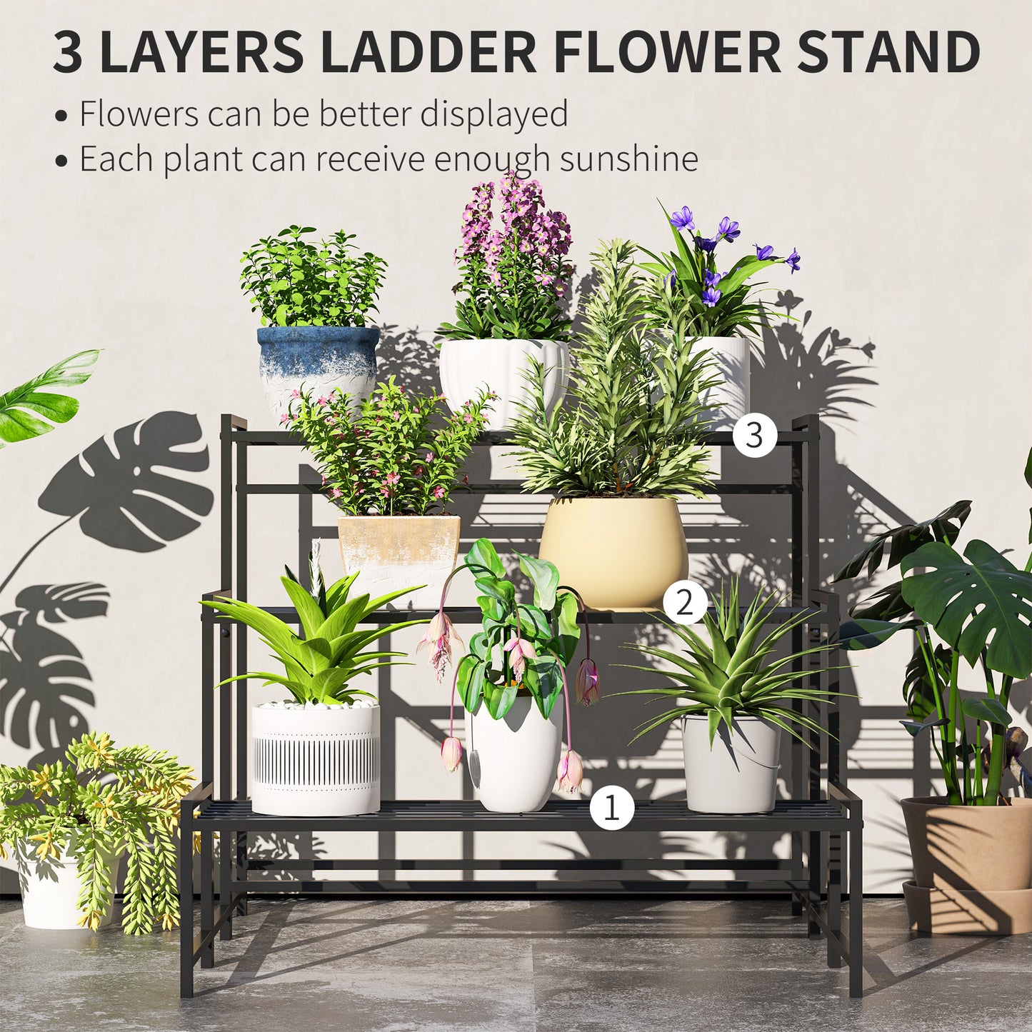 Outsunny 3-Tier Metal Plant Stand, Modern Ladder Shelf Flower Pot Holder for Indoor Outdoor, Display Shelf Rack for Garden Patio Balcony, Black