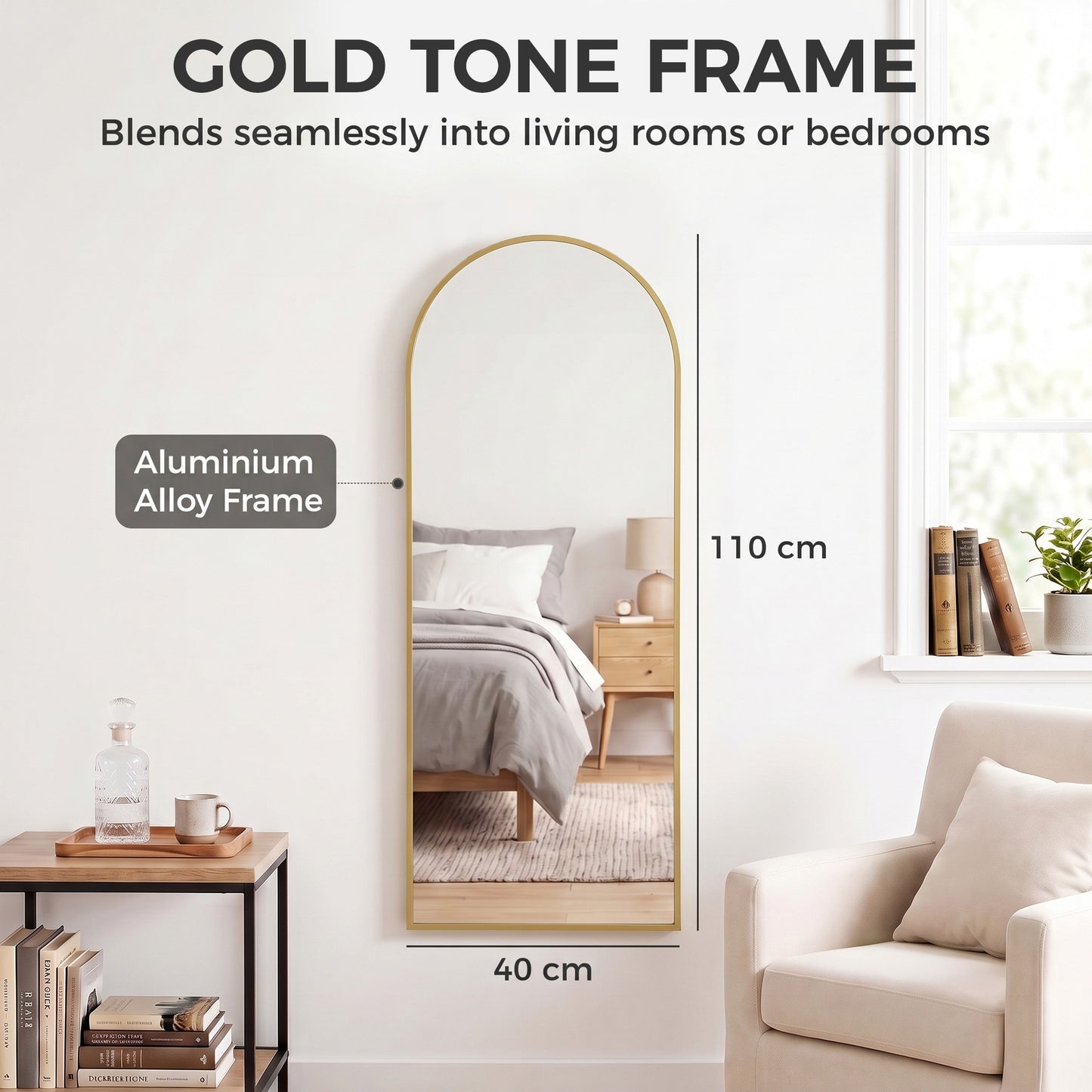 HOMCOM 40 x 110 cm Full Length Hanging Mirror, Arched Mirror with Adjustable Hooks, Over-the-Door or Wall-Mounted, Gold Tone