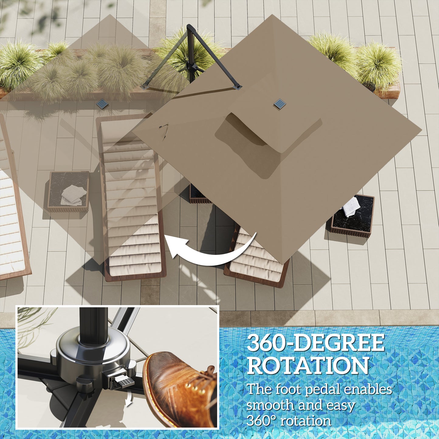 Outsunny Garden Cantilever Parasol, Solar LED, Centre Light, Aluminium, UPF50+ Sun Shade, Cross Base, Crank Tilt, 3.5x3m, Khaki