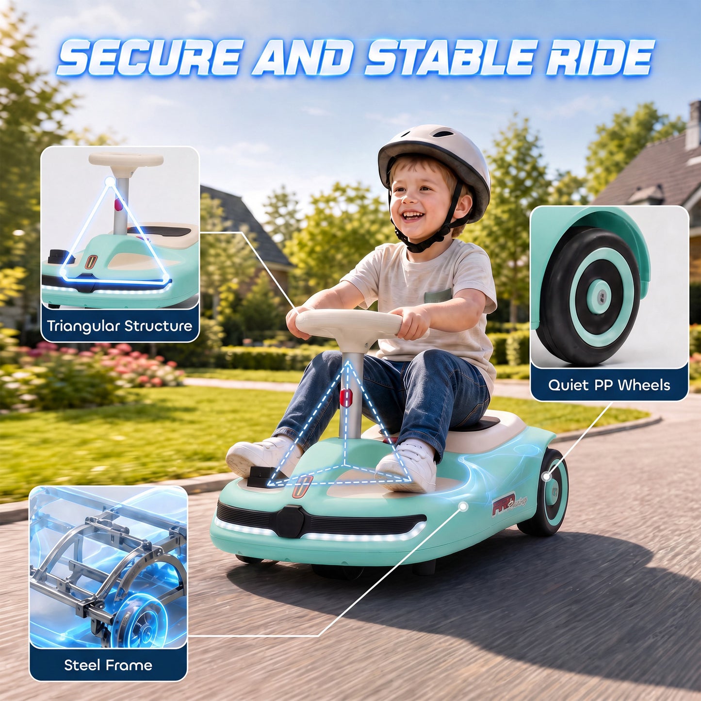 AIYAPLAY 12V Electric Wiggle Car with Pedal, Kids Electric Car with 2 Speeds, Soft Start, Music, Lights for 3-5 Years, Light Blue