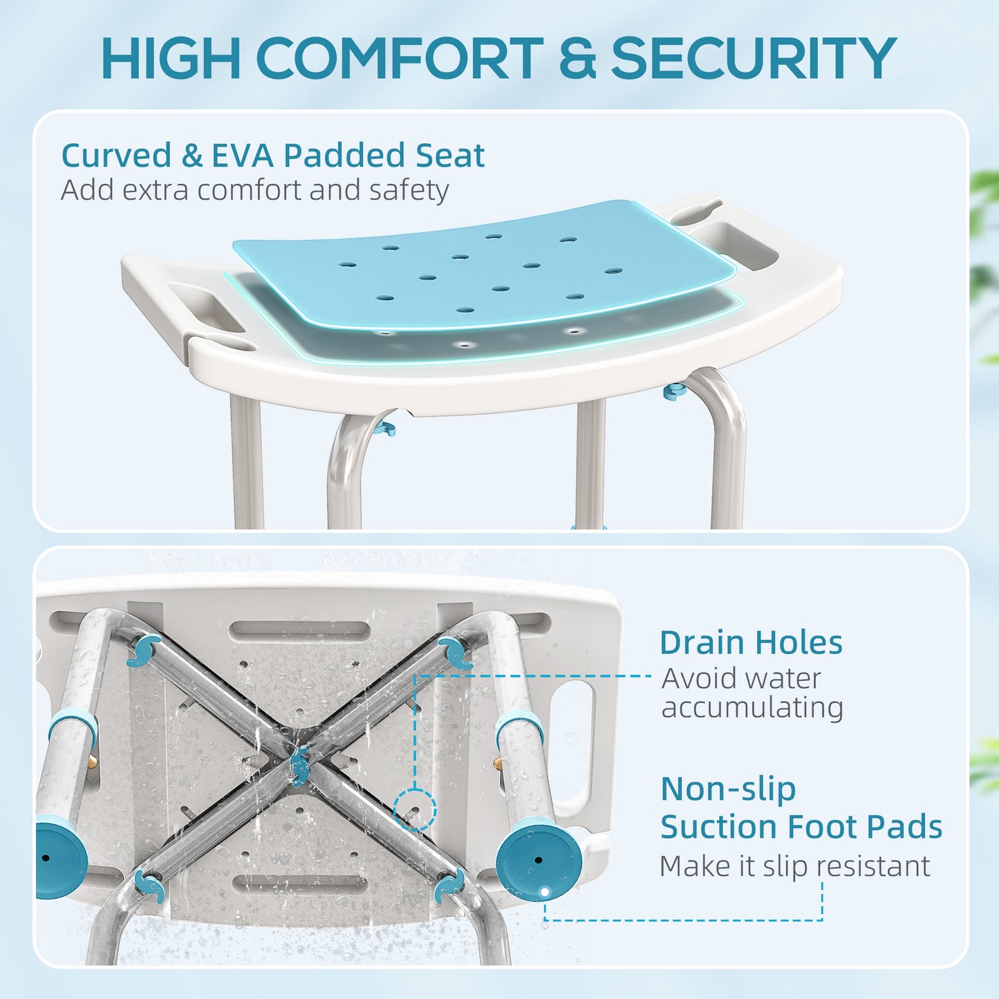 HOMCOM Adjustable Height Shower Chair with Aluminium Frame, Non-Slip Feet for Elderly/Disabled, Turquoise