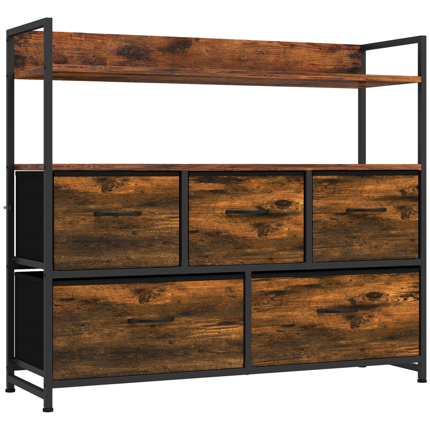 HOMCOM Chest of Drawers, Bedroom Fabric Dresser with 5 Drawers, Storage Organiser Unit with Open Shelves, Rustic Brown