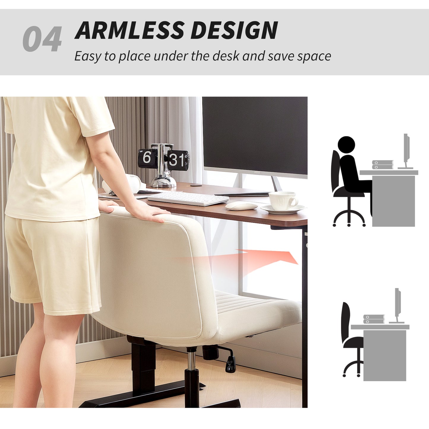 HOMCOM Armless Office Chair, Linen Fabric, Criss Cross Legs, Wide Seat, Thick Padding, Tilt, Adjustable Swivel for Home, Cream