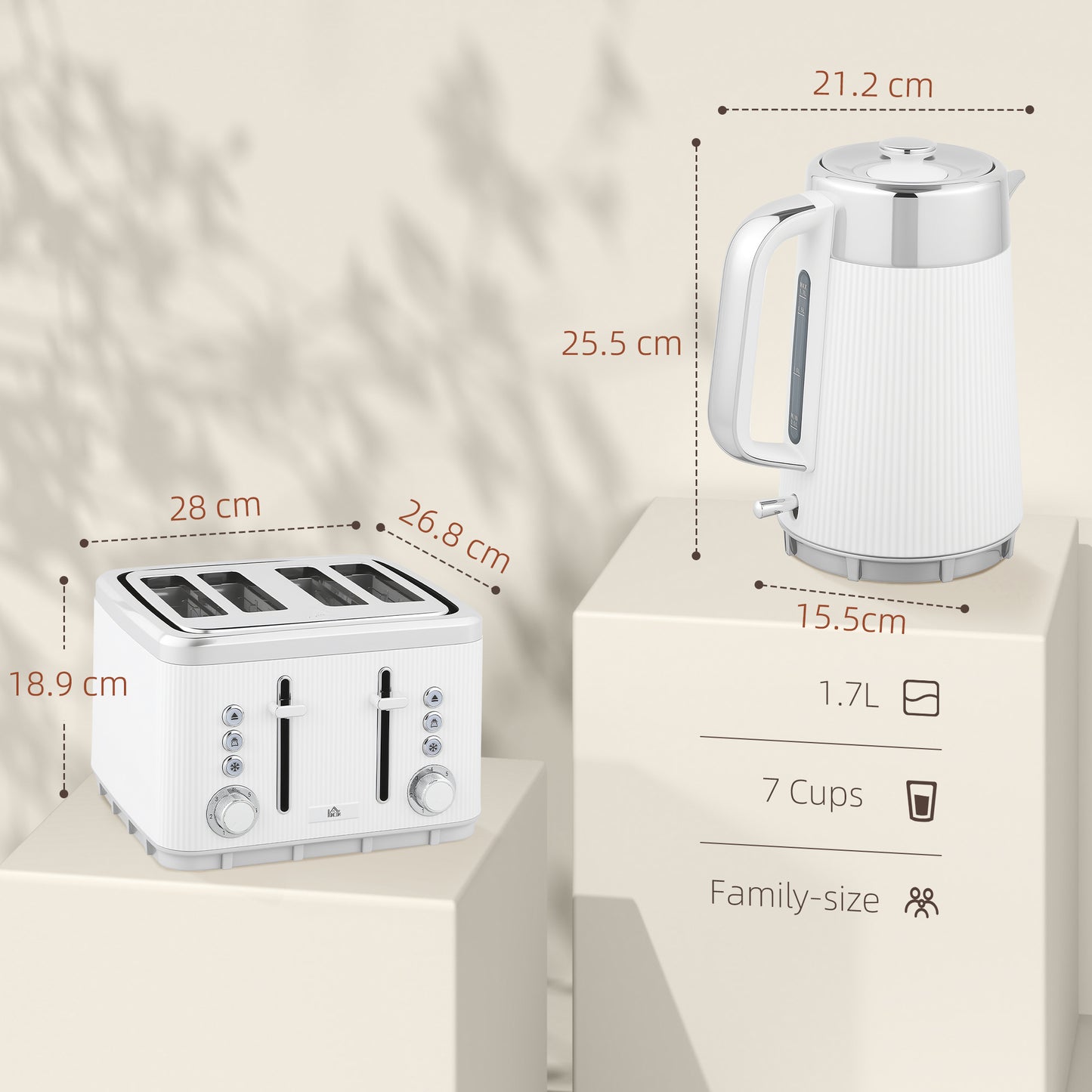 HOMCOM Kettle & Toaster Set, 3000W 1.7L Strix Rapid Boil, Limescale Filter, Cool Touch, 4 Slice Toaster, 7 Browning Levels, Crumb Tray, White