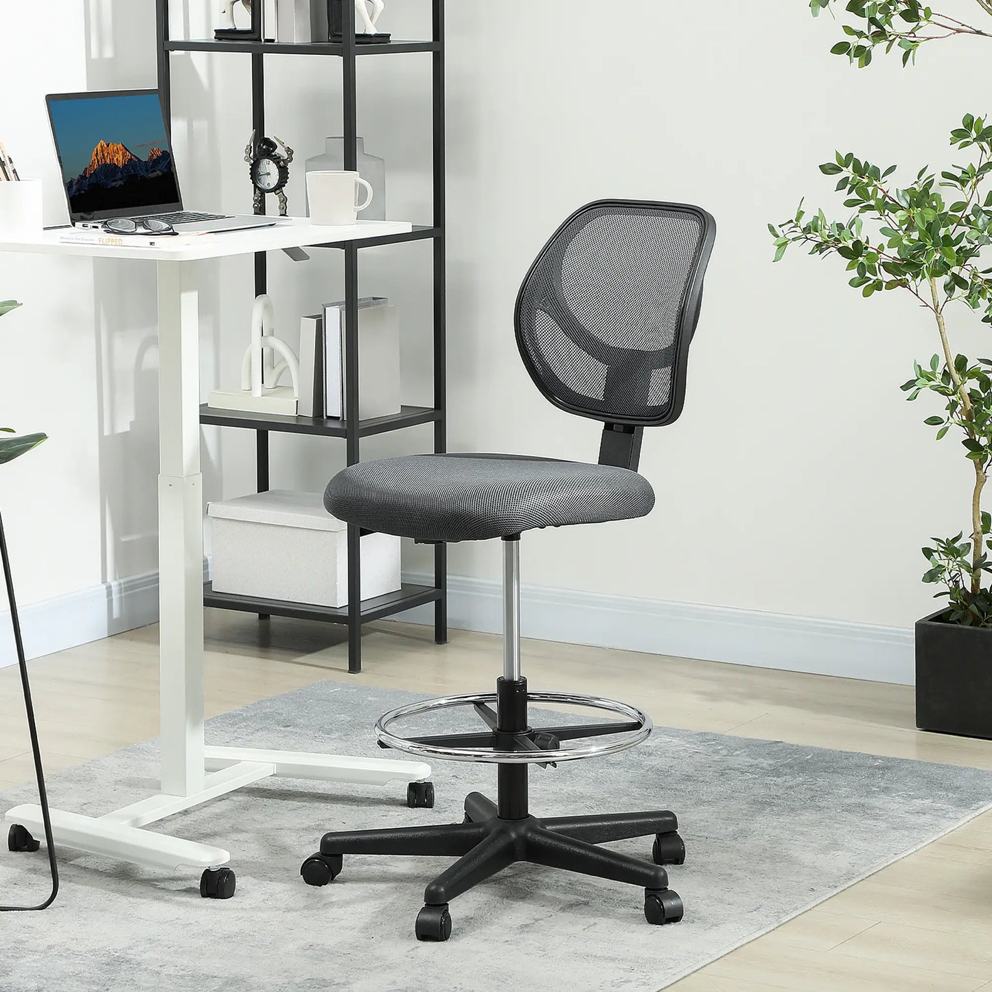 Vinsetto Ergonomic Mesh Standing Desk Chair with Adjustable Footrest Ring and Seat Height Charcoal Grey