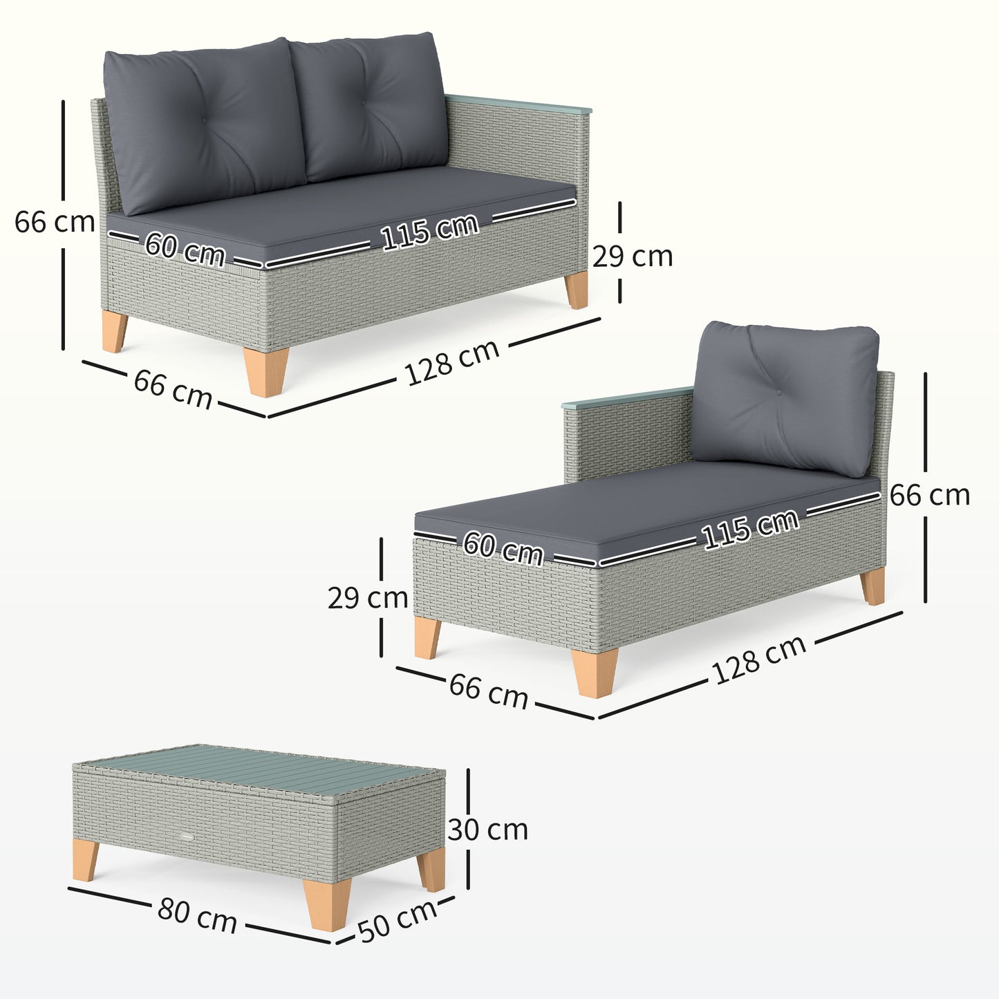 Outsunny 3-Piece Rattan Garden Furniture Set, L-Shaped Chaise Lounge with Wood Top Coffee Table & Thick Cushions, Charcoal Grey
