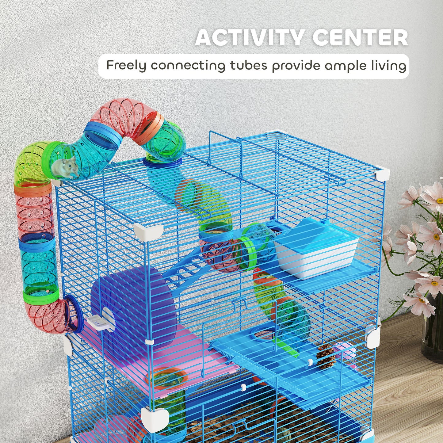 PawHut 5 Tier Hamster Cage Carrier Habitat w/ Exercise Wheels, Tunnel, Blue