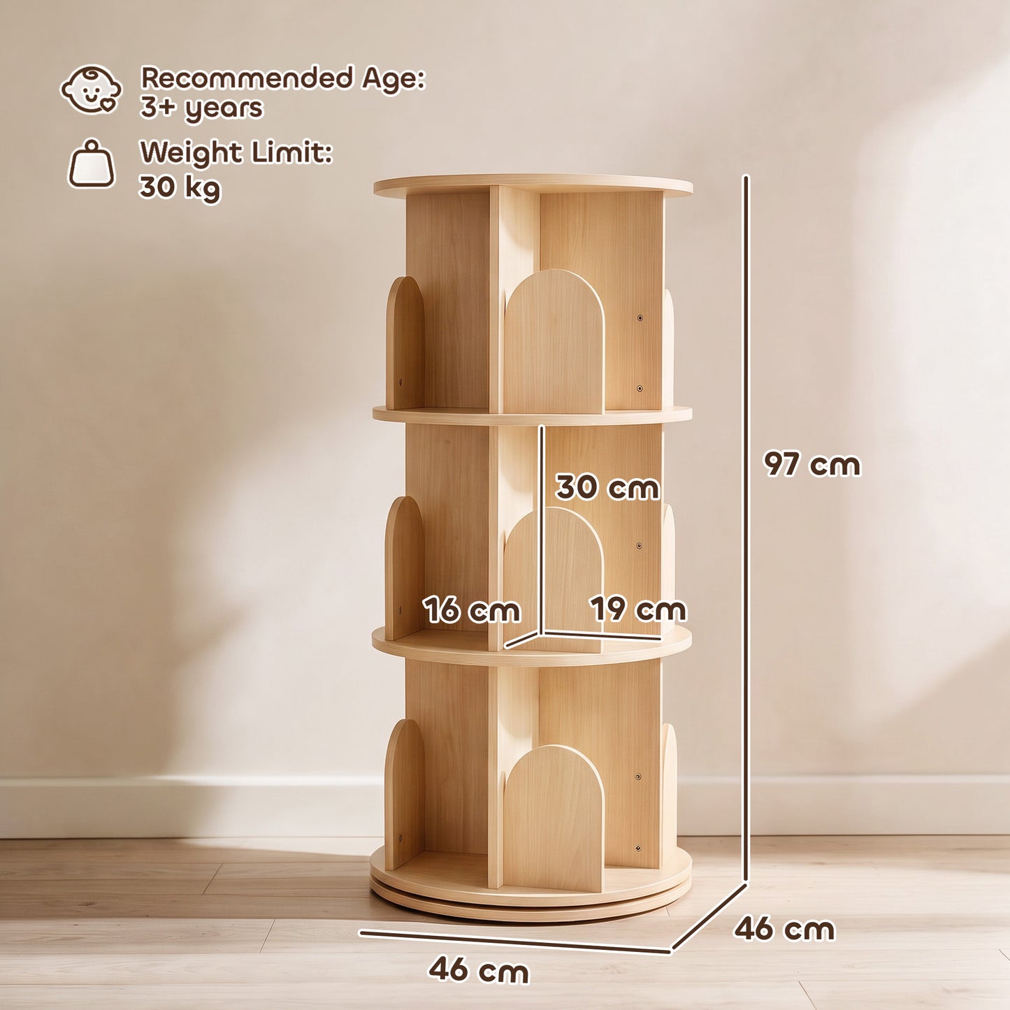 AIYAPLAY 3-Tier Rotating Bookcase, Round Kids Bookshelf Floor Standing 360° Rotating for Bedroom, Kids Room and Playroom, Natural