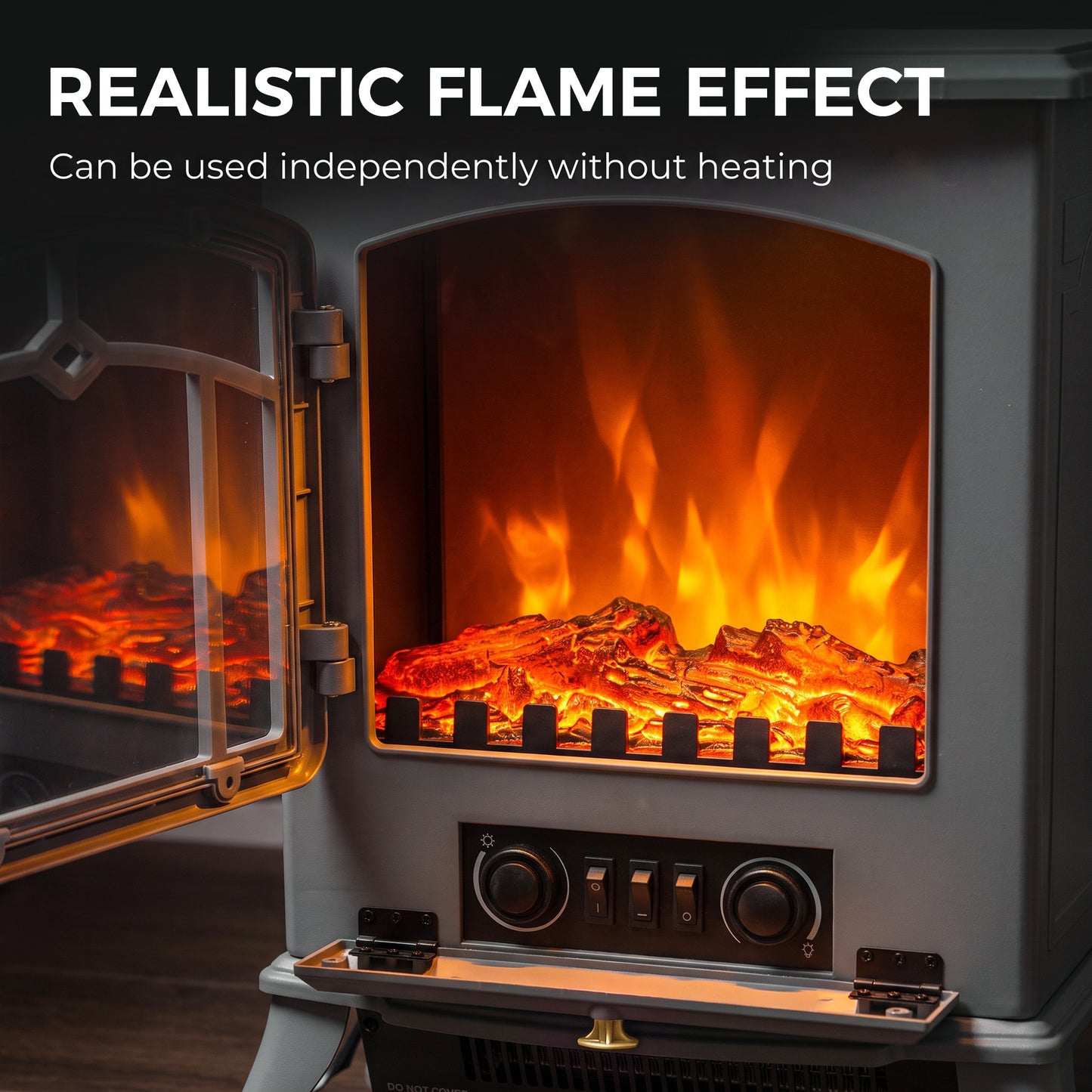 HOMCOM Electric Fireplace Stove, 1000W/2000W, Electric Fire Heater with LED Flame Effect, Adjustable Thermostat, Grey
