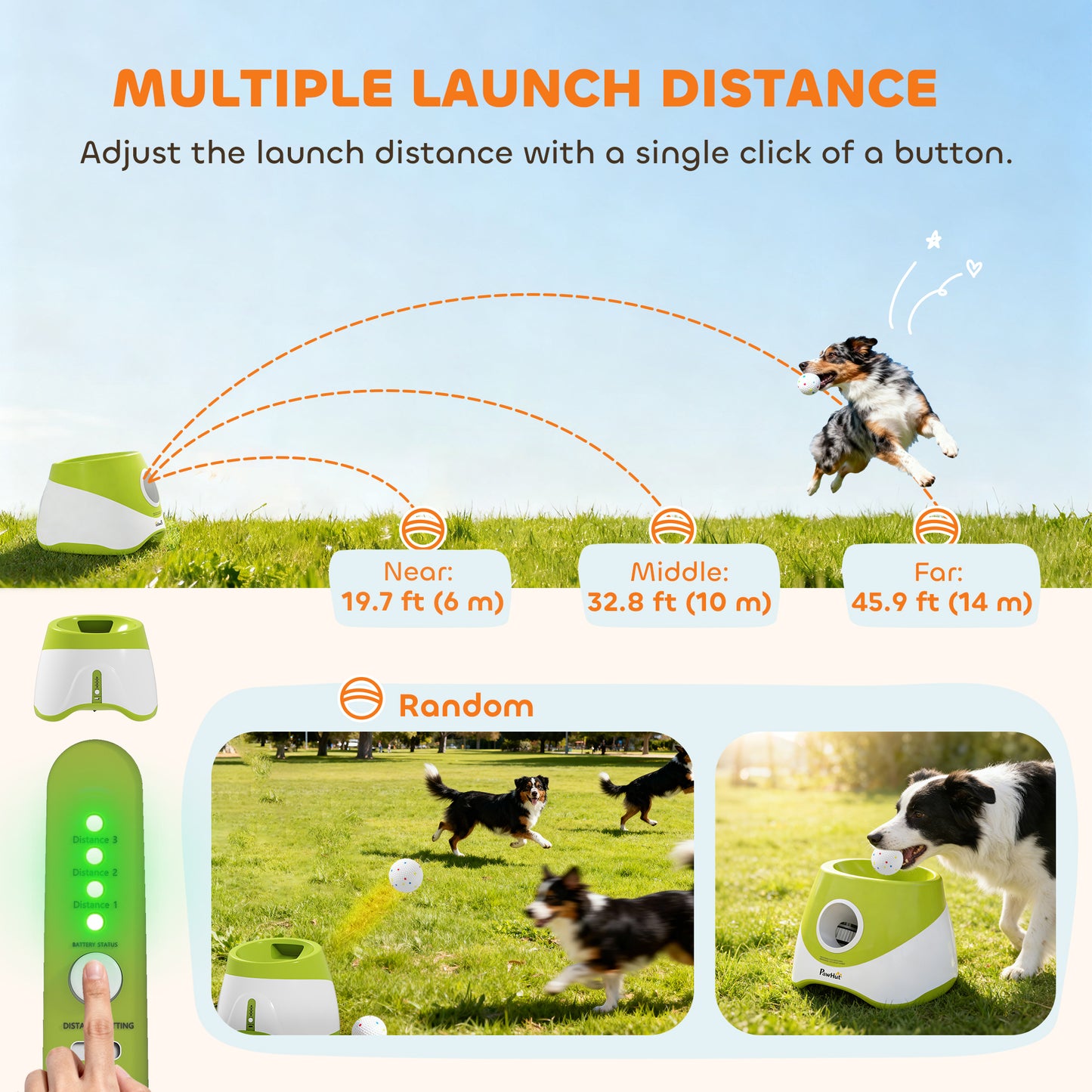 PawHut Automatic Dog Ball Launcher with 5 ETPU Tennis Balls 2.3", 3 Distance Settings 6m/10m/12m, Green