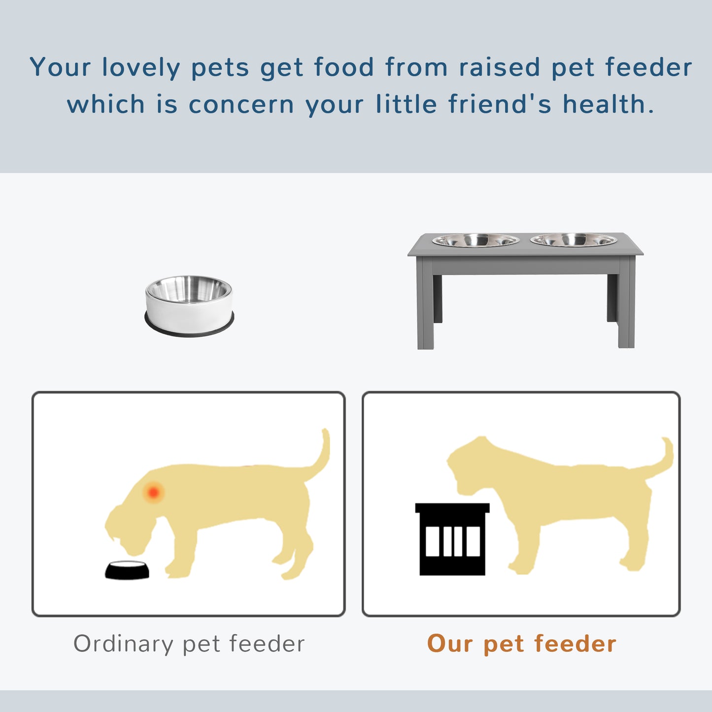 PawHut Raised Dog Feeding Bowls with Stand, Stainless Steel for Small and Medium Dog, 58L x 31W x 25H cm - Grey
