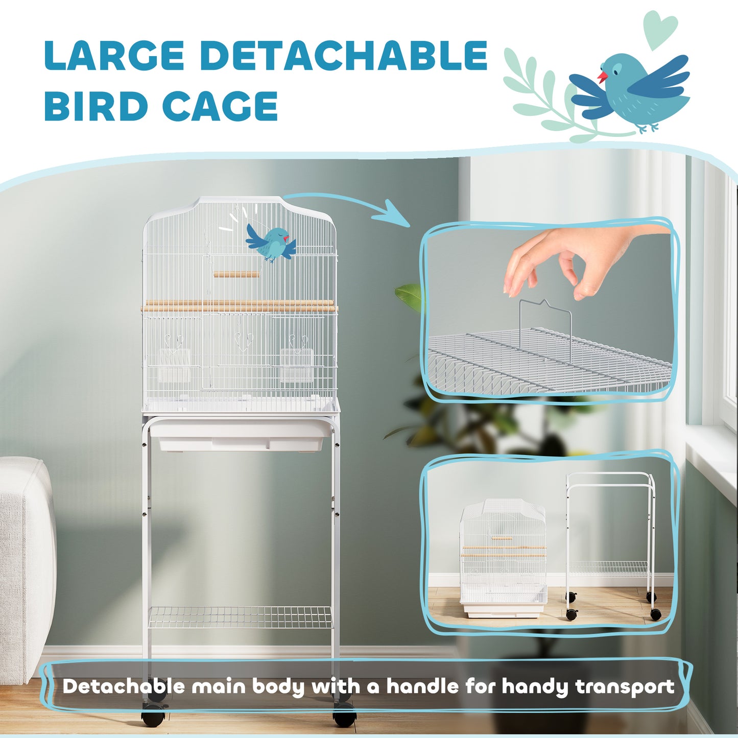 PawHut Bird Cage Budgie Cages for Finch Canary Parakeet with Stand Wheels Slide-out Tray Accessories Storage Shelf, White