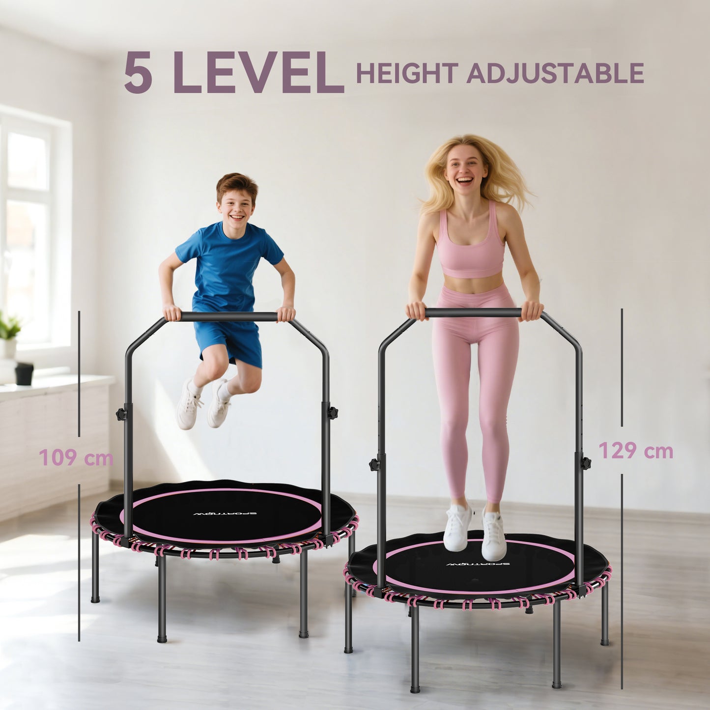 SPORTNOW 40'' Foldable Fitness Trampoline, Mini Bungee Rebounder with 5-Level Adjustable Handle for Adults, Indoor/Outdoor Exercise, Pink