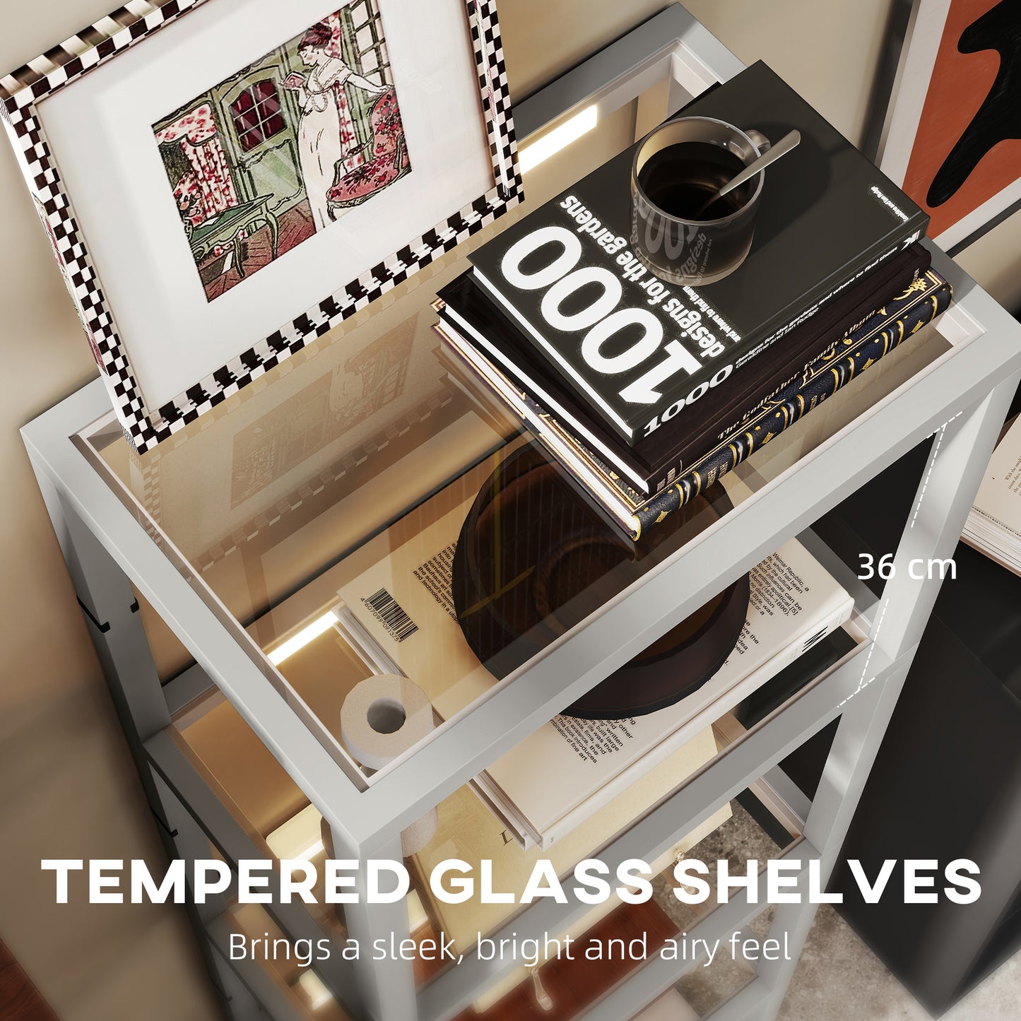 HOMCOM LED Floor Lamp with 4 Glass Shelves, Dimmable Tall Standing Lamp, Modern Shelf Light for Living Room, Bedroom, Office, Grey