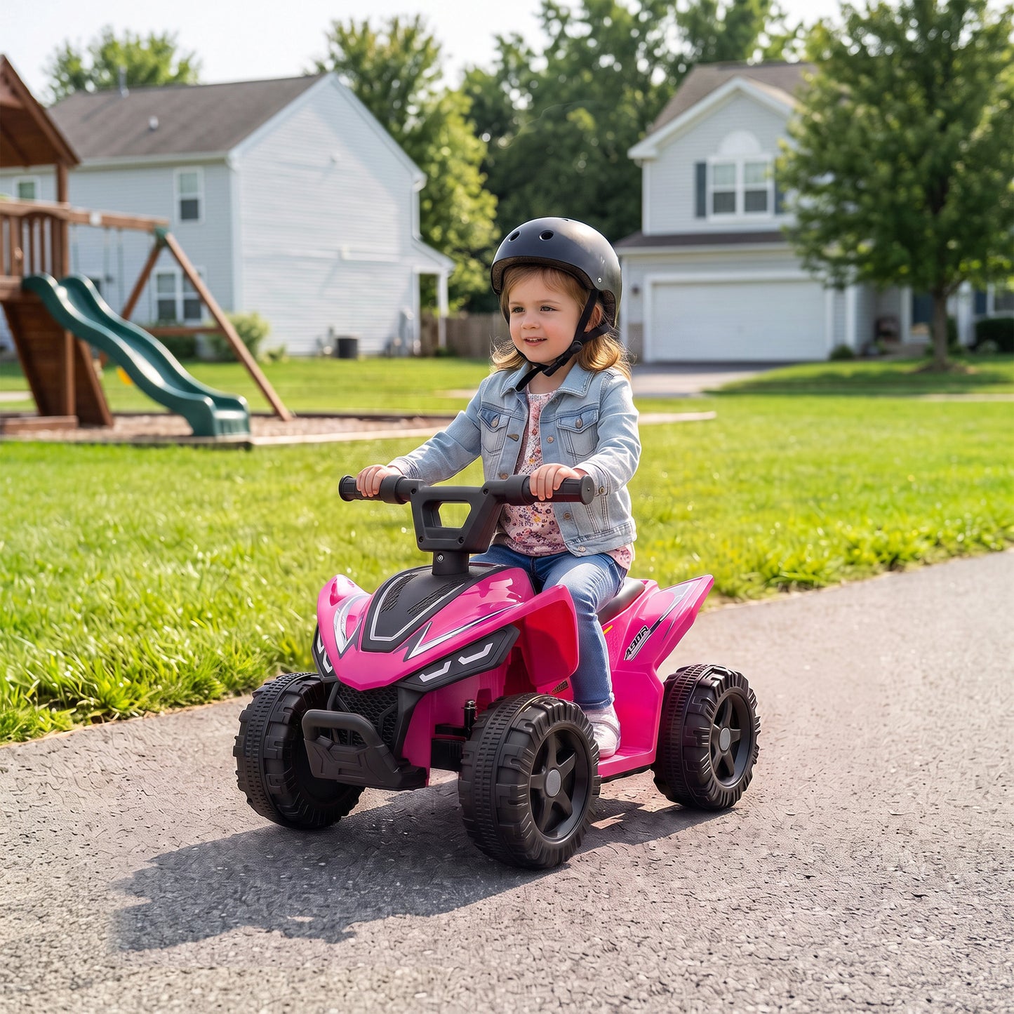 AIYAPLAY 6V Battery Powered Kids ATV, Quad Bike w/ Handlebar Button Control, Max 1.2MPH, Max 55lbs Load, for 18-48 M, Rose Red