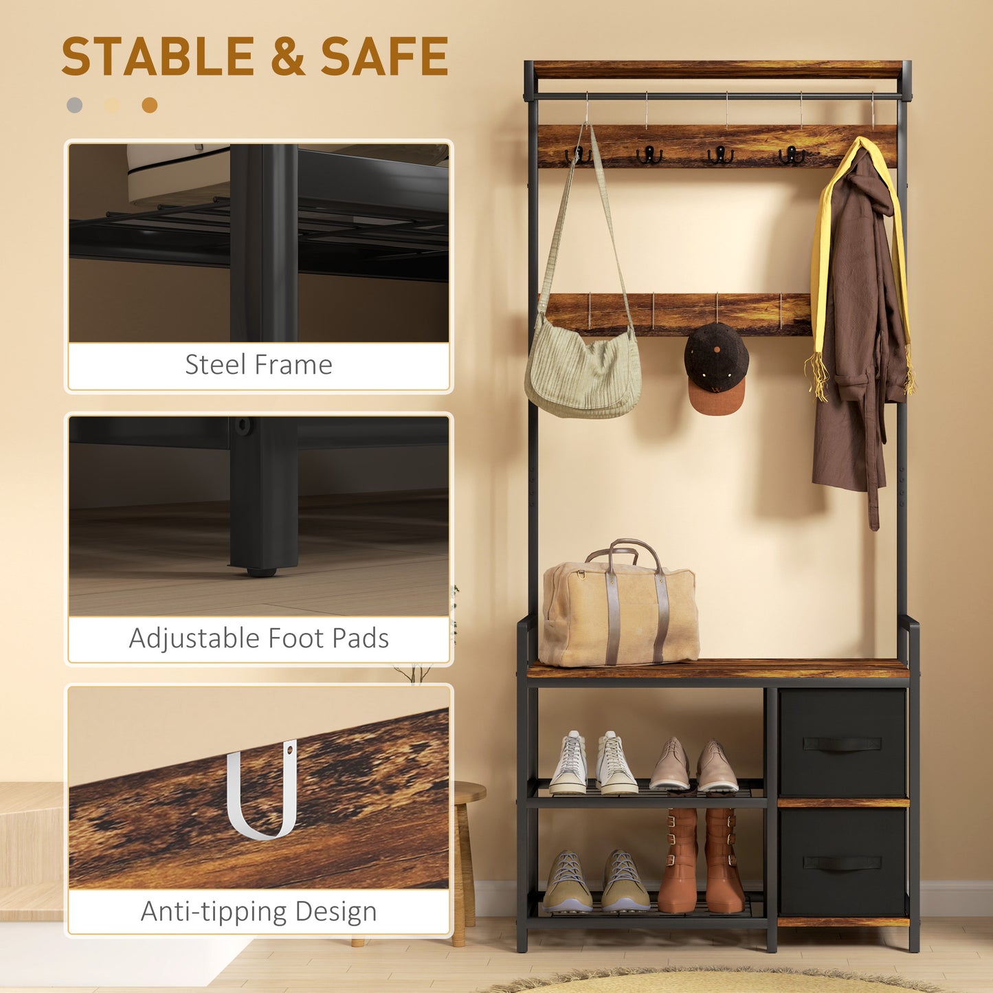HOMCOM Coat Rack with Bench and Shoe Storage, Rustic Brown