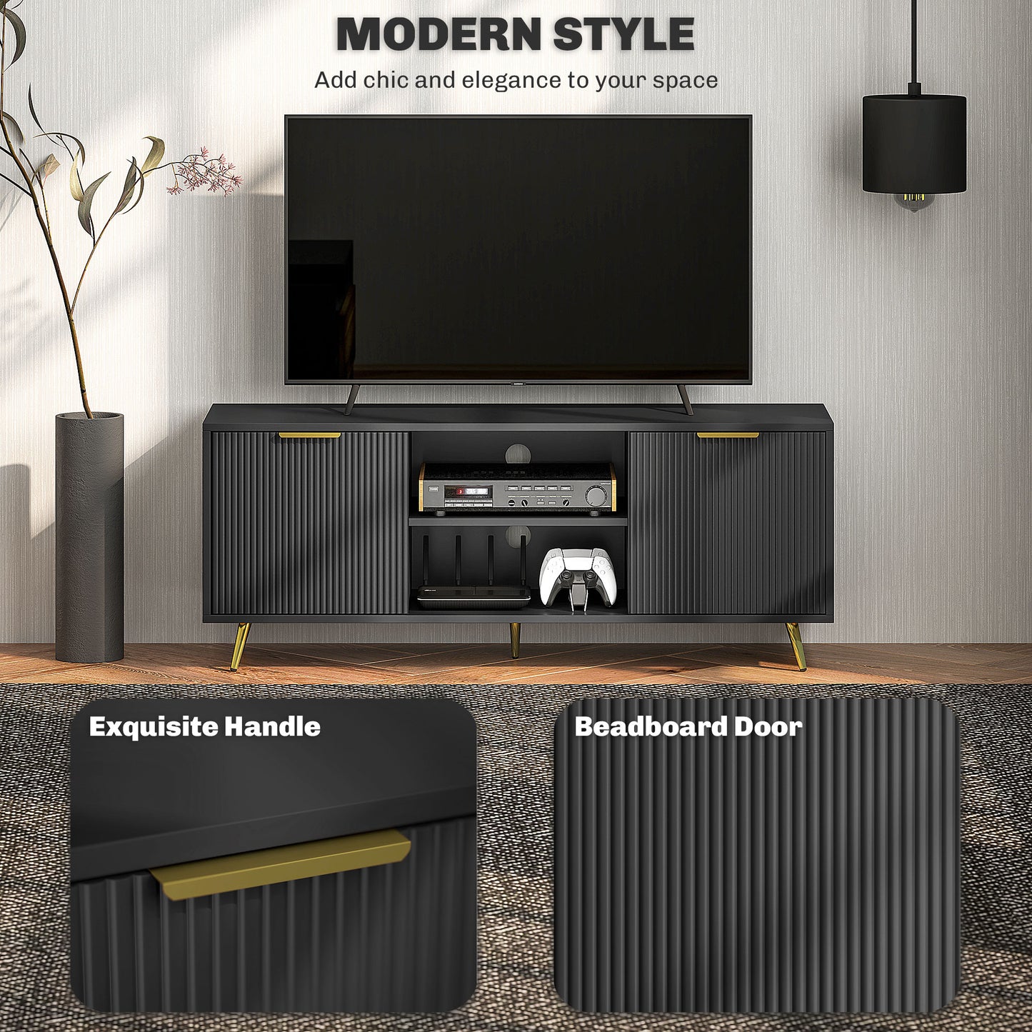 HOMCOM Modern TV Stand for TVs up to 55", 2 Cabinets, Cable Management, Black