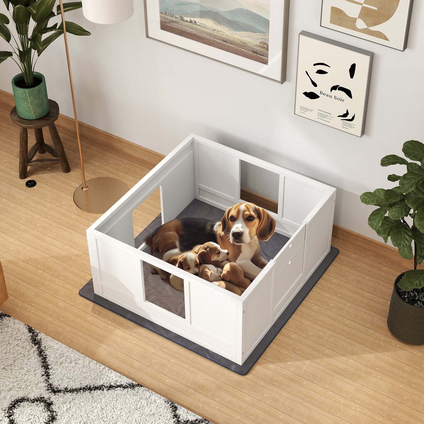 PawHut Whelping Box for Dogs with Whelping Pad, Adjustable Entrance, Non-slip Foot Pads, for Medium Dogs, 100 x 96cm