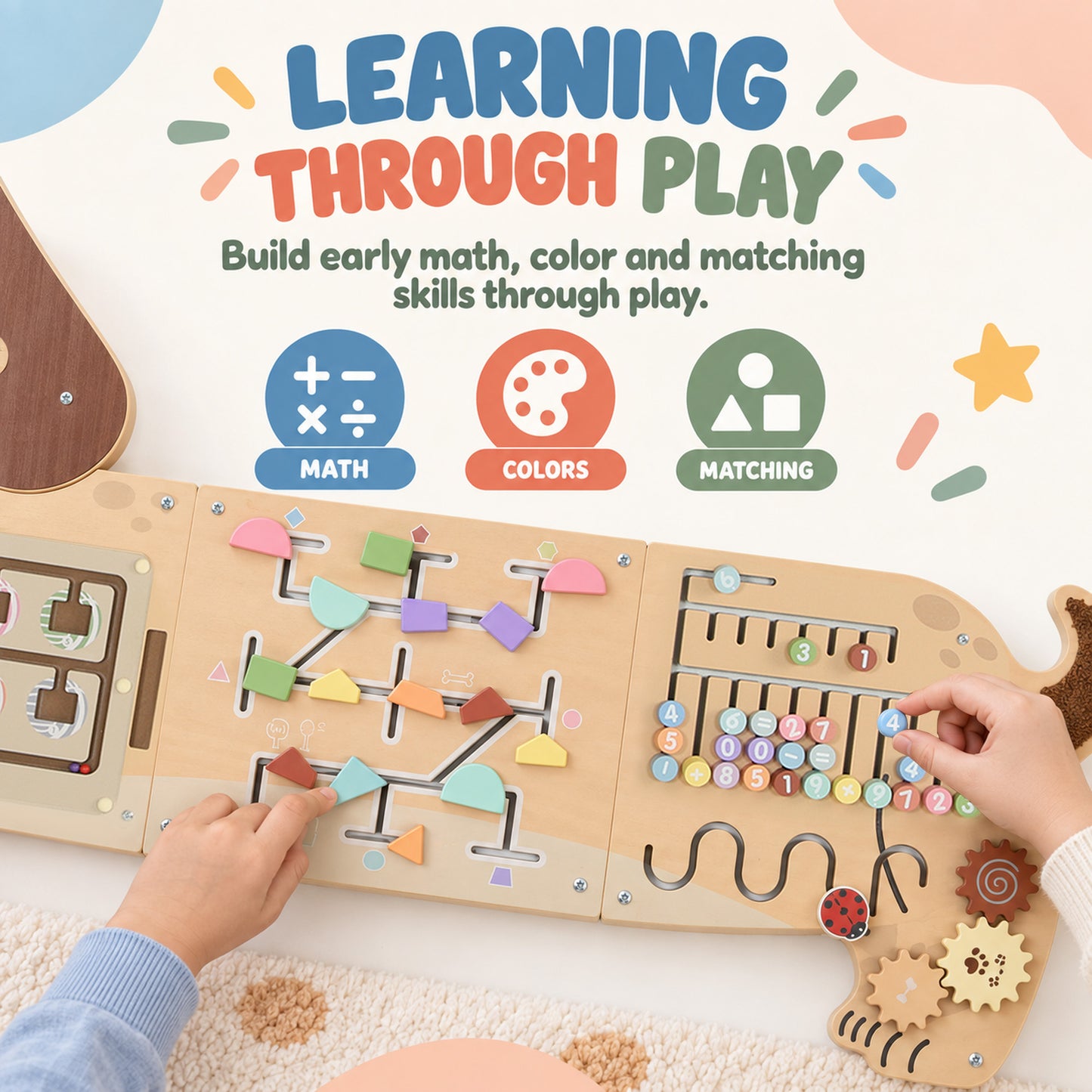 AIYAPLAY Montessori Inspired Busy Board, Wooden Dachshund Sensory Wall Panel for kids Touch, Feel & Learn, Classroom, Playroom