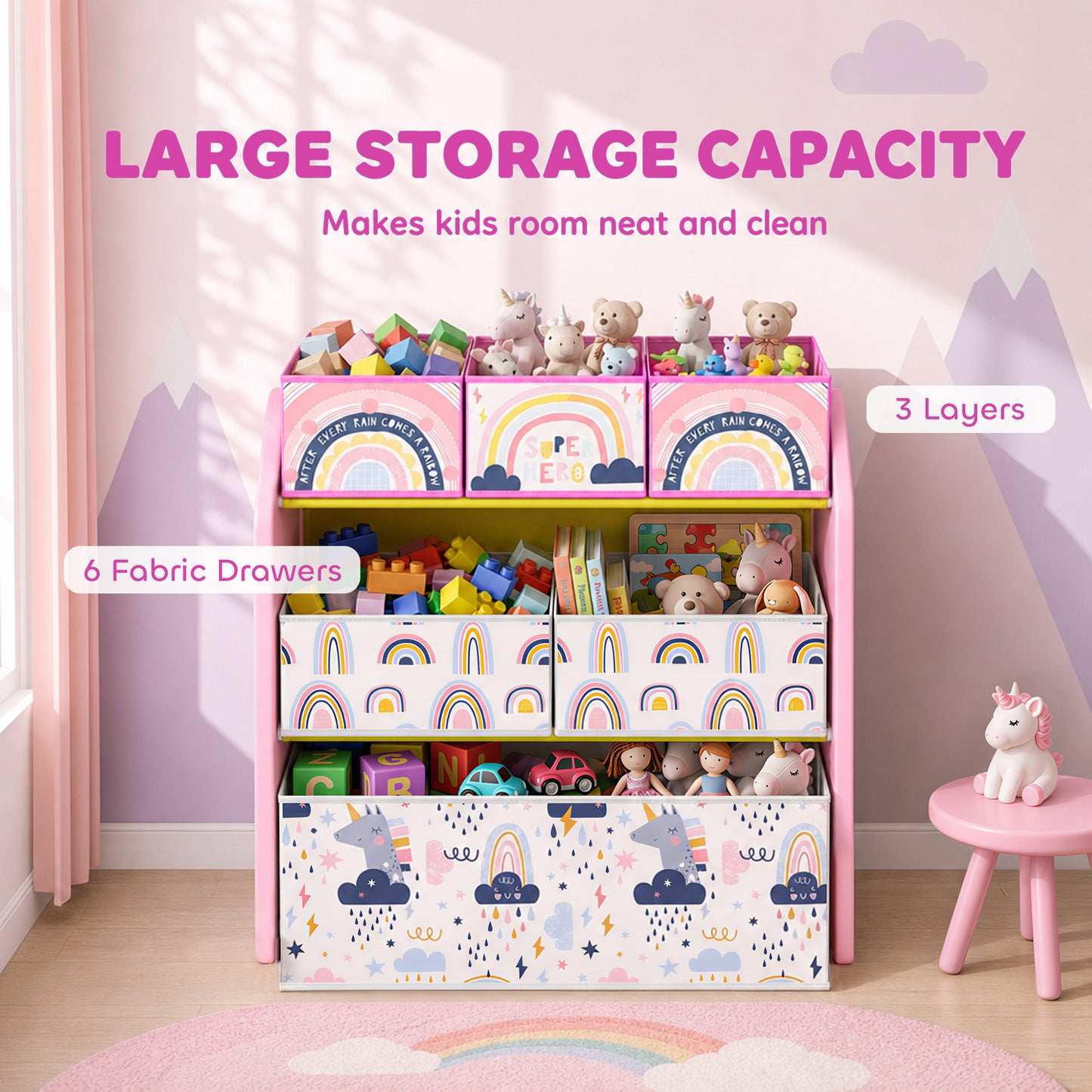 AIYAPLAY Toy Storage Organiser, 3-Tier Wooden Kids Toy Storage Rack with 6 Fabric Storage Bins for Bedroom, Kids Room, Pink