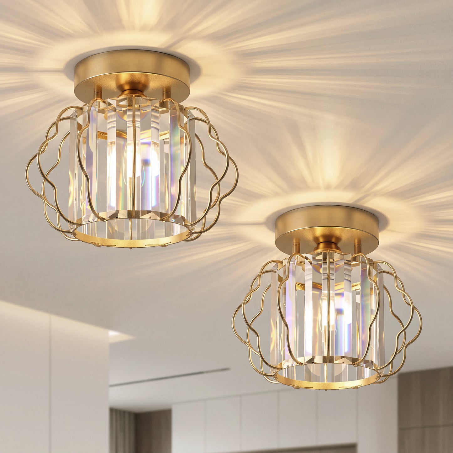 HOMCOM Crystal Ceiling Light Fixtures, Modern Semi-Flush Ceiling Lighting with Crystal Strips, 2 Pack, Gold Tone