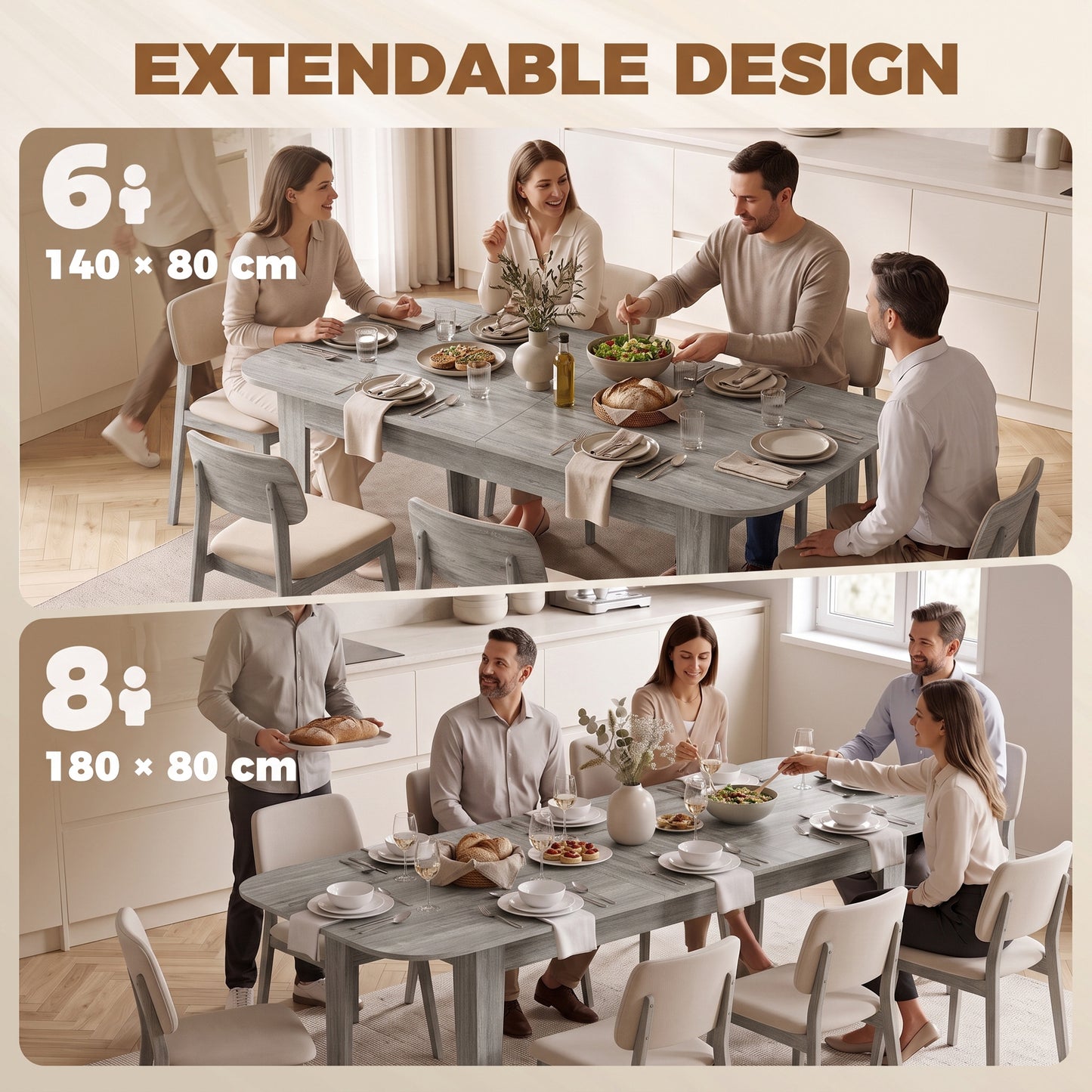 HOMCOM Extendable Oval Dining Table for 4-6, Farmhouse Expandable Kitchen Table, Round Edges, Grey Wood Effect