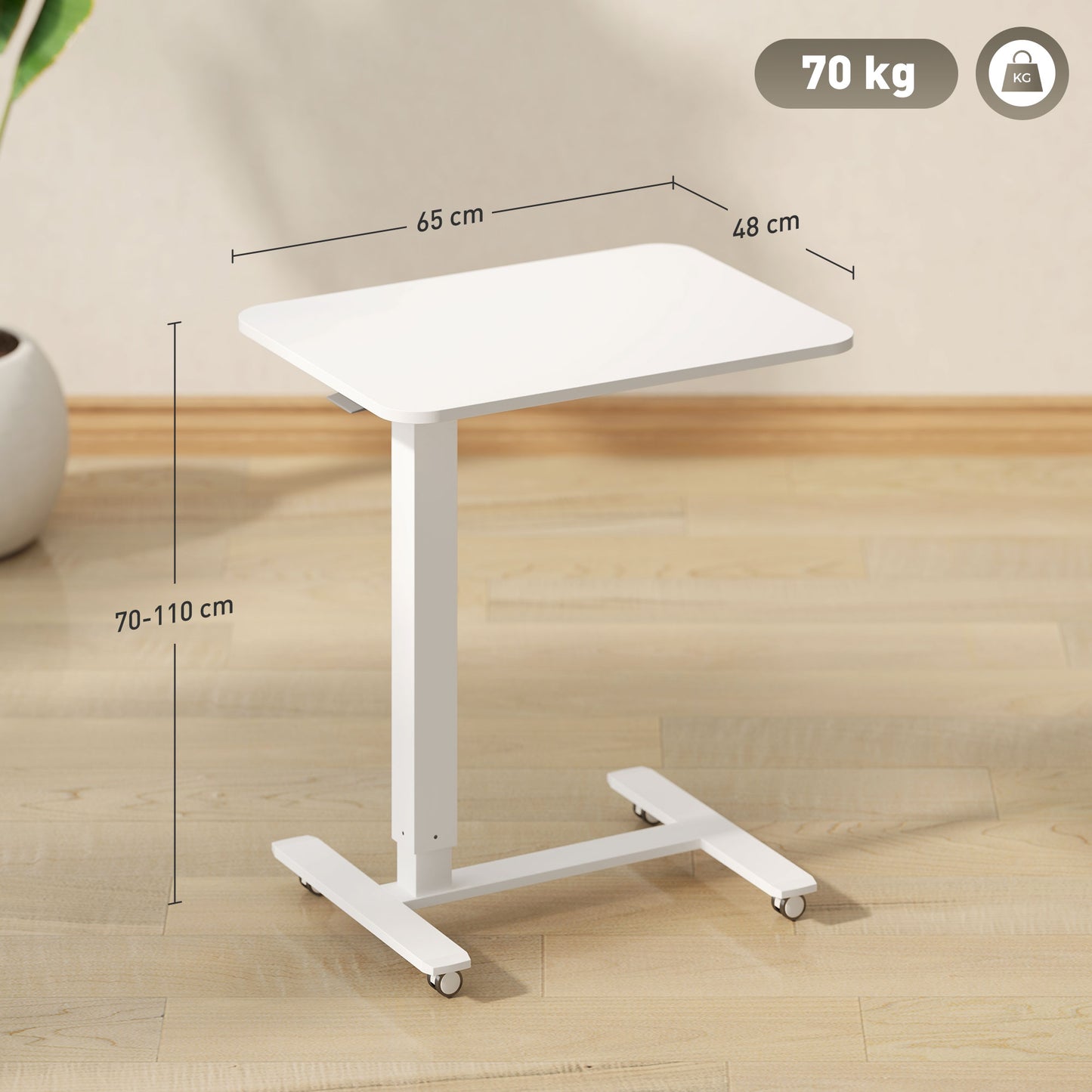 HOMCOM Height Adjustable Standing Desk, Pneumatic Sit Stand Desk for Laptop, Mobile Overbed Table with Wheels for Home Office, White