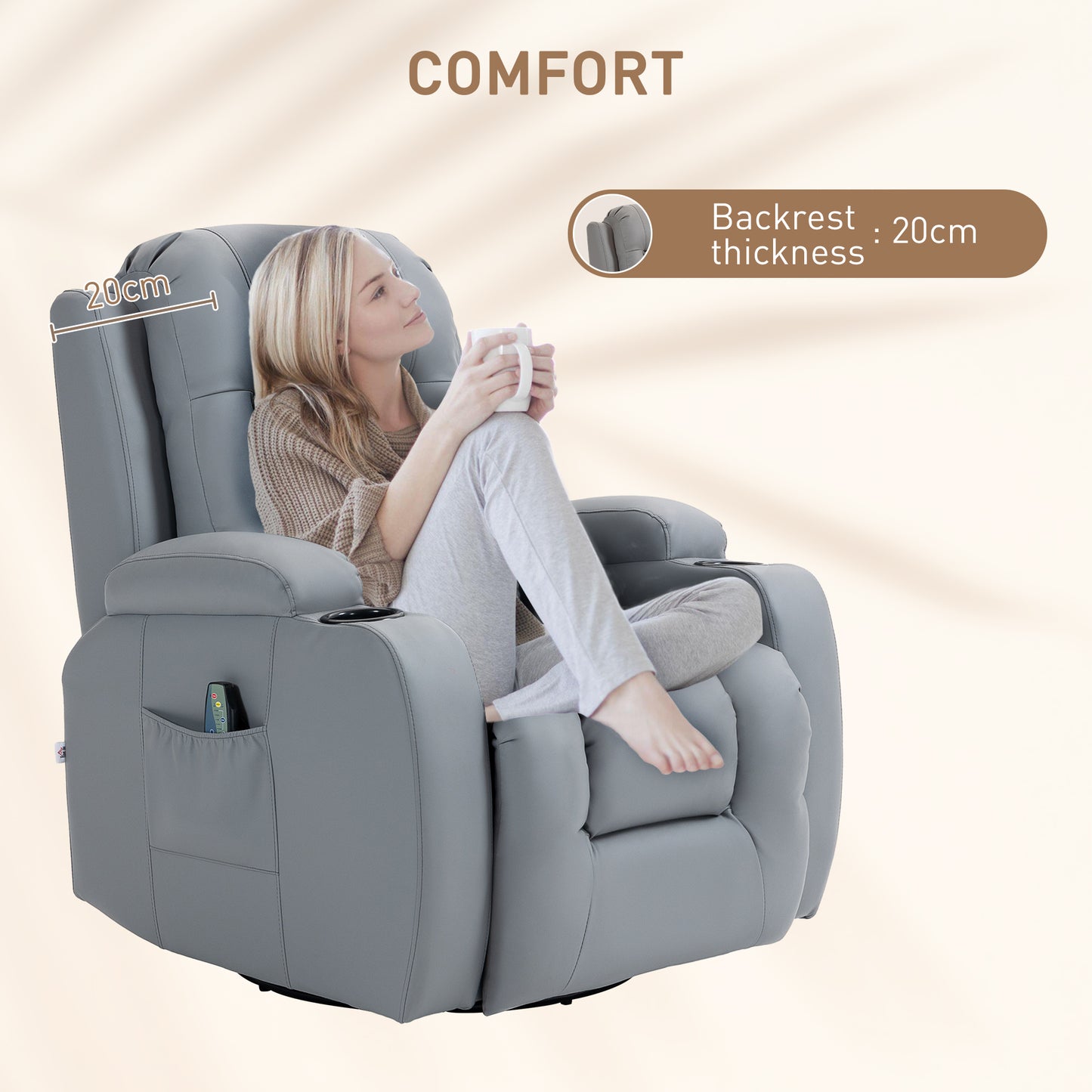 HOMCOM Massage Recliner Chair with Heat, PU Leather, Cup Holders, Side Pockets, Swivel, Rocking, Grey