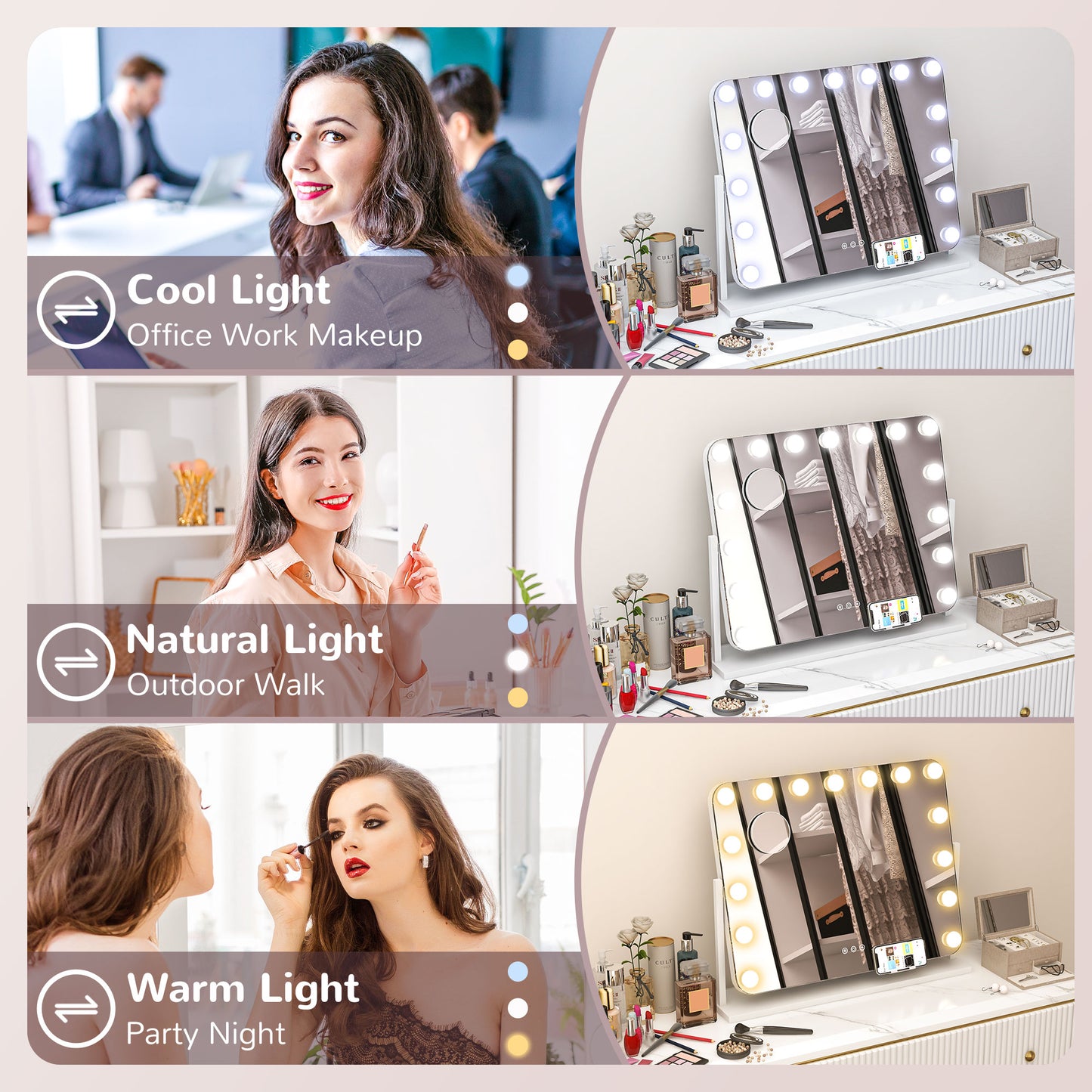 HOMCOM 63x50cm Hollywood Vanity Mirror, 14 LED Bulbs, 3 Colours, USB Port, Touch Screen
