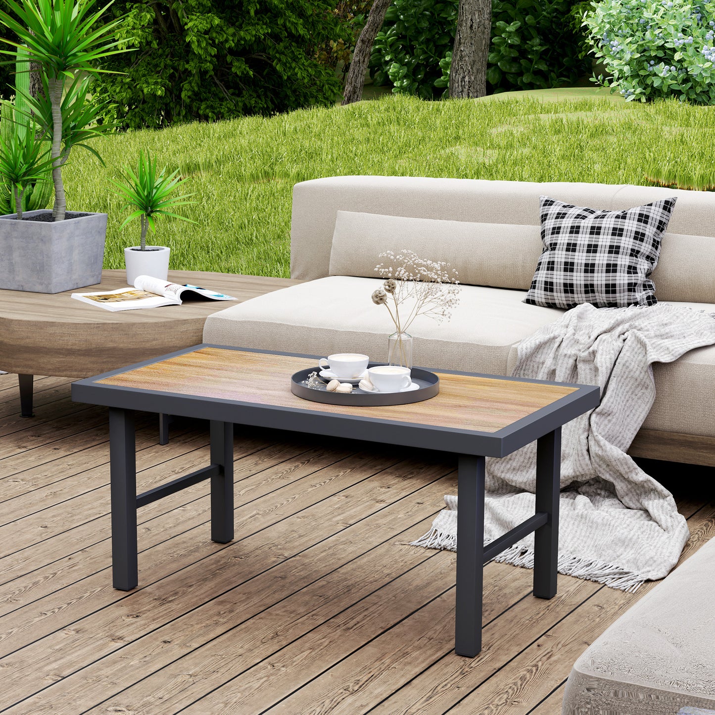 Outsunny Metal Garden Coffee Table, Outdoor Side Table with SPC Woodgrain Tabletop, 100 x 53 x 46cm, Brown Wood Effect