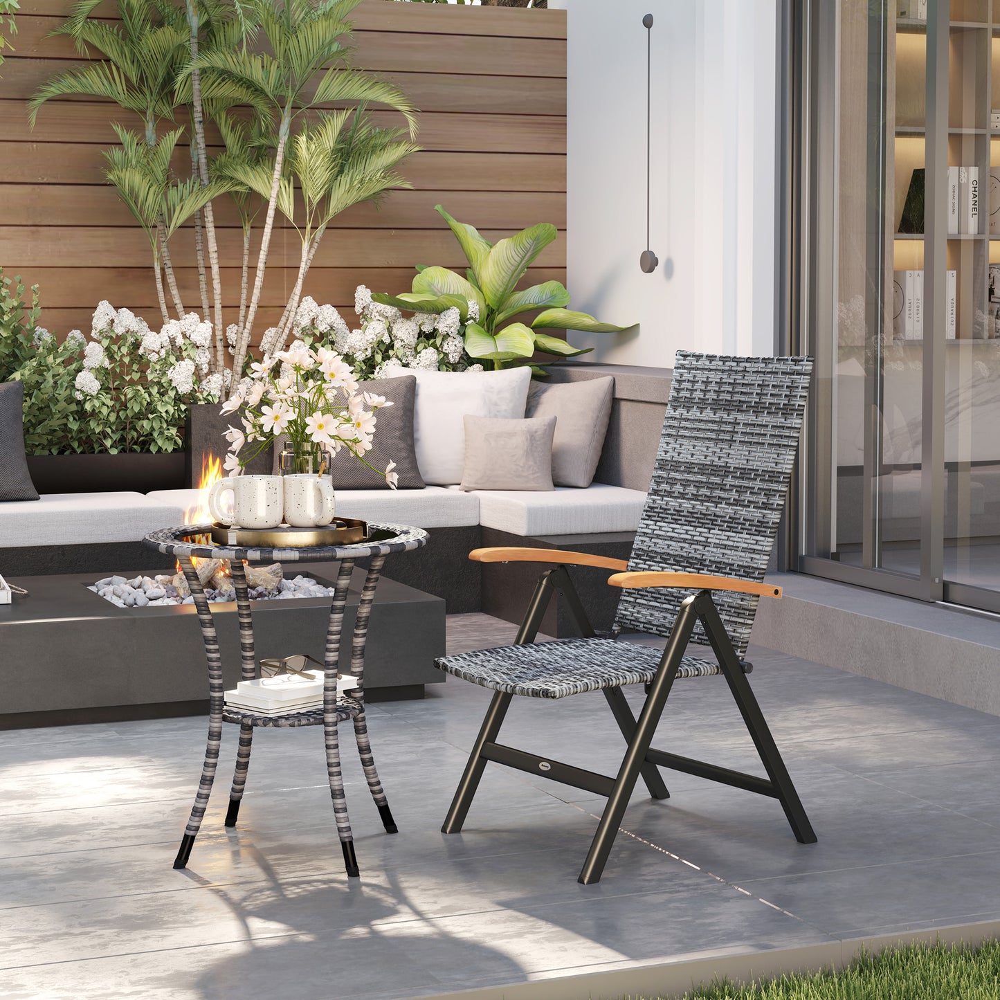 Outsunny Outdoor Foldable Dining Chair with Armrests, High Backrest, for Garden, Camping, Balcony, Porch, Light Grey