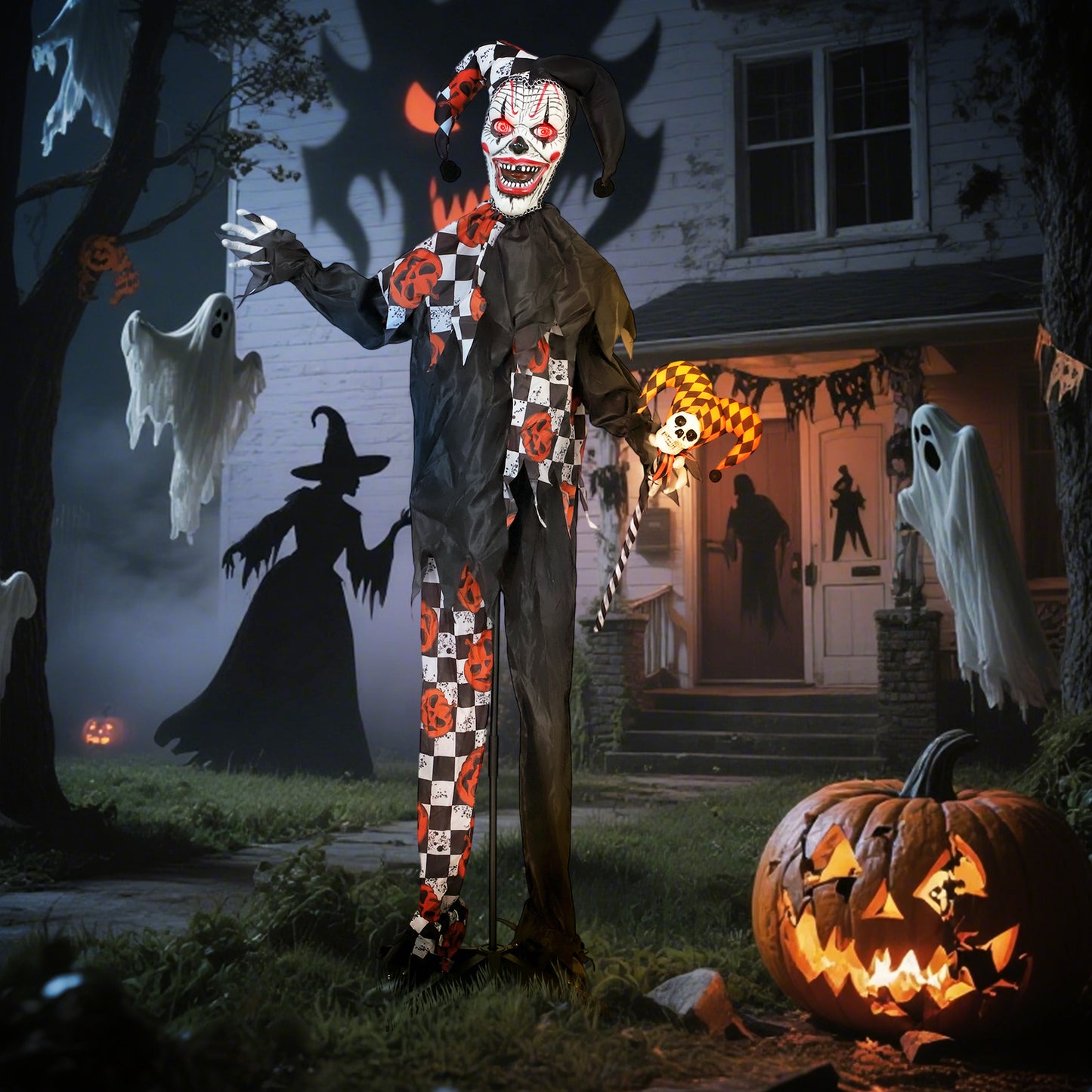 Outsunny Life Size Animated Clown & Skull Staff, Red Light Eyes, Sound-Activated Moving Arms & Head, Halloween Decor, Battery Operated, 183 cm, Red.
