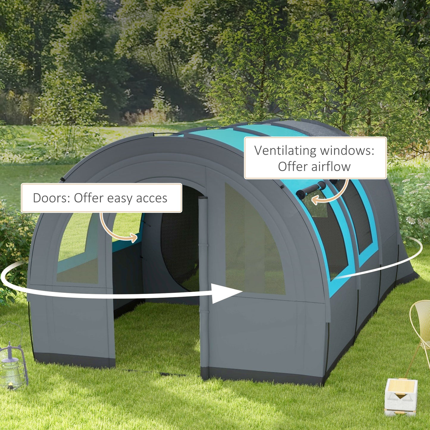 Outsunny 3000mm Waterproof Camping Tent 5-6 Man Family Tent with Living and Bedroom Carry Bag Included Grey and Blue